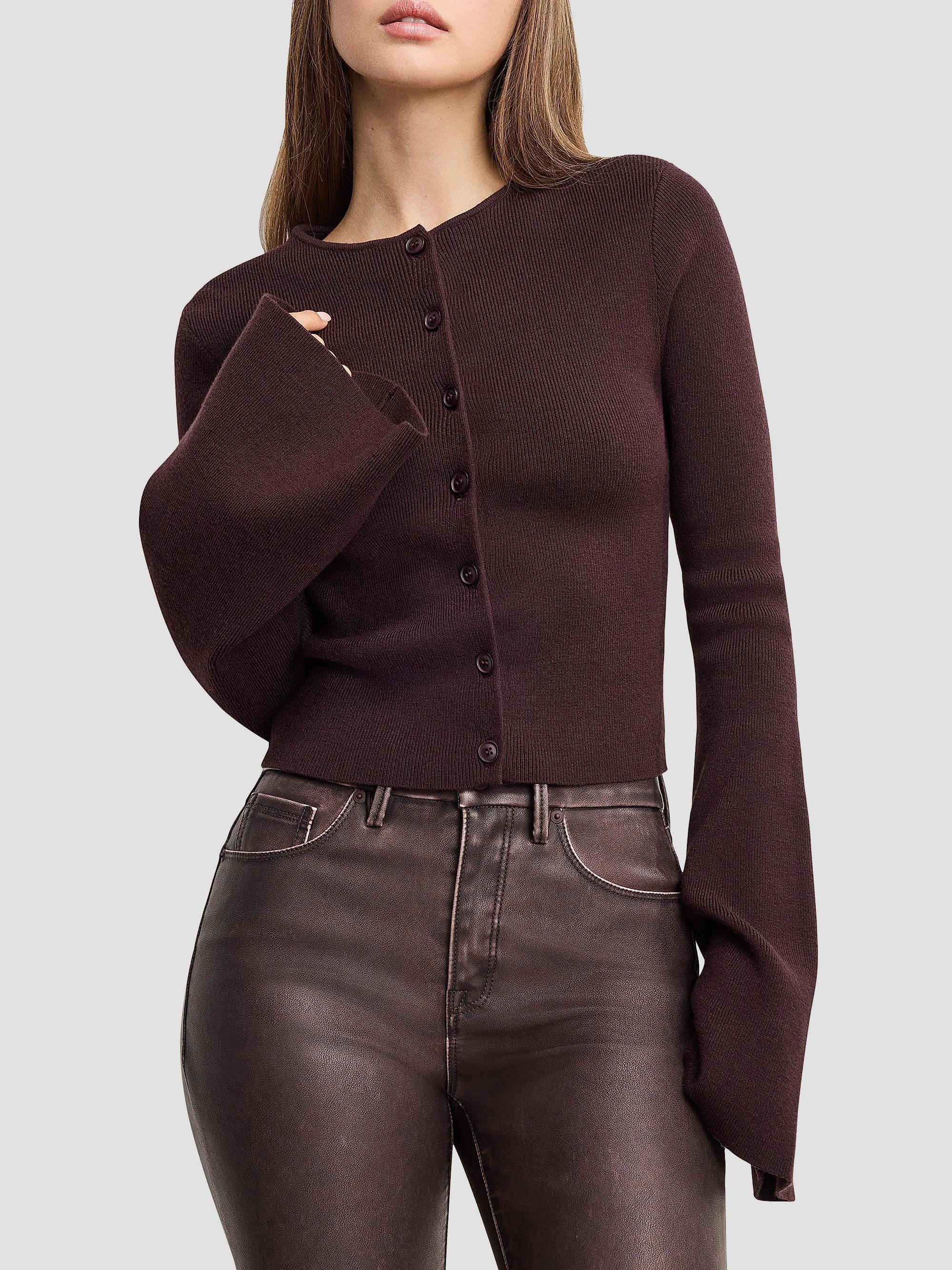 Good American Crewneck Rib-Knit Bell-Sleeve Cardigan | Saks Fifth