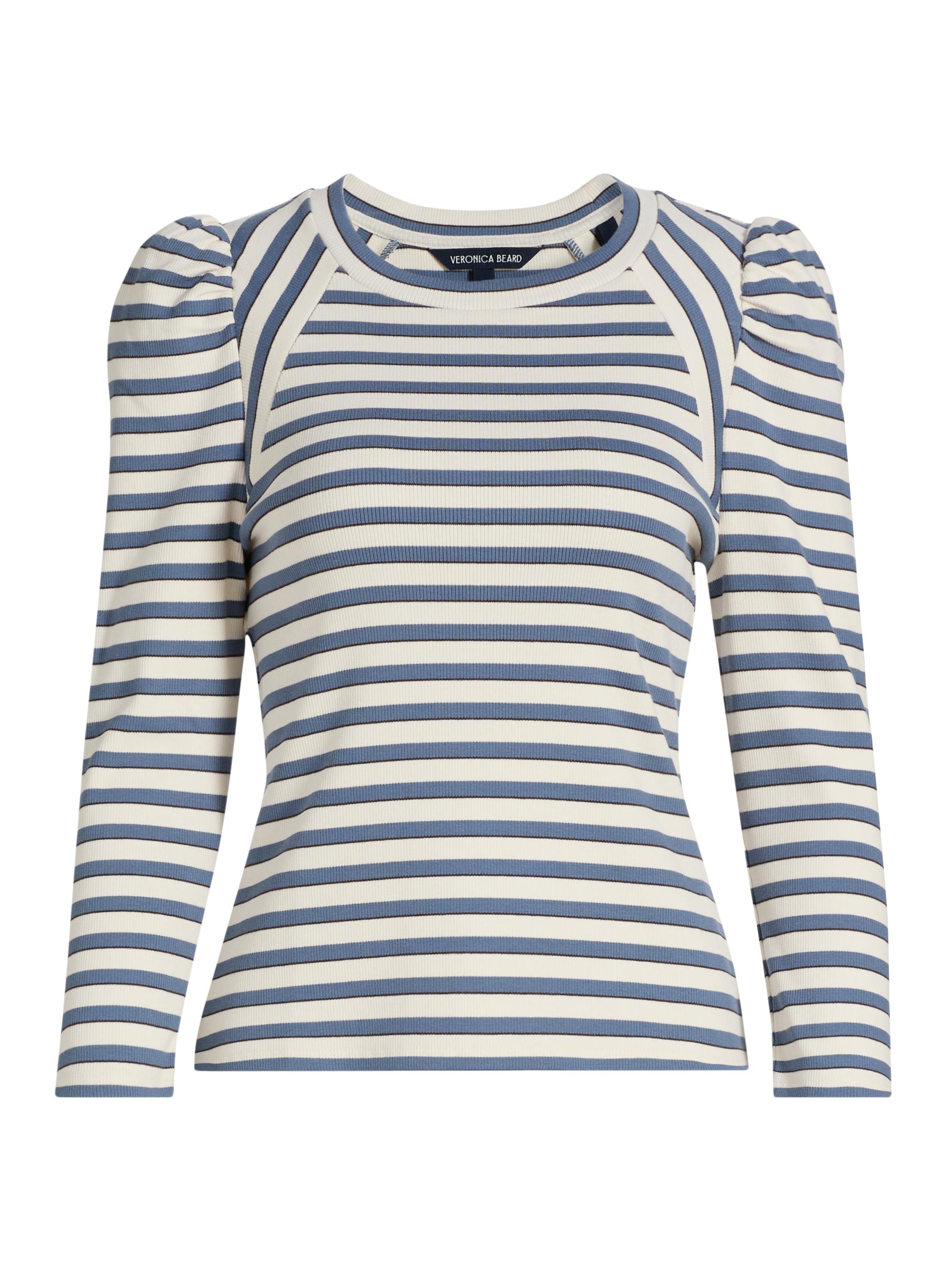 Veronica Beard Women's Delano Striped Stretch Cotton Top - Ecru Ocean Dark Umber