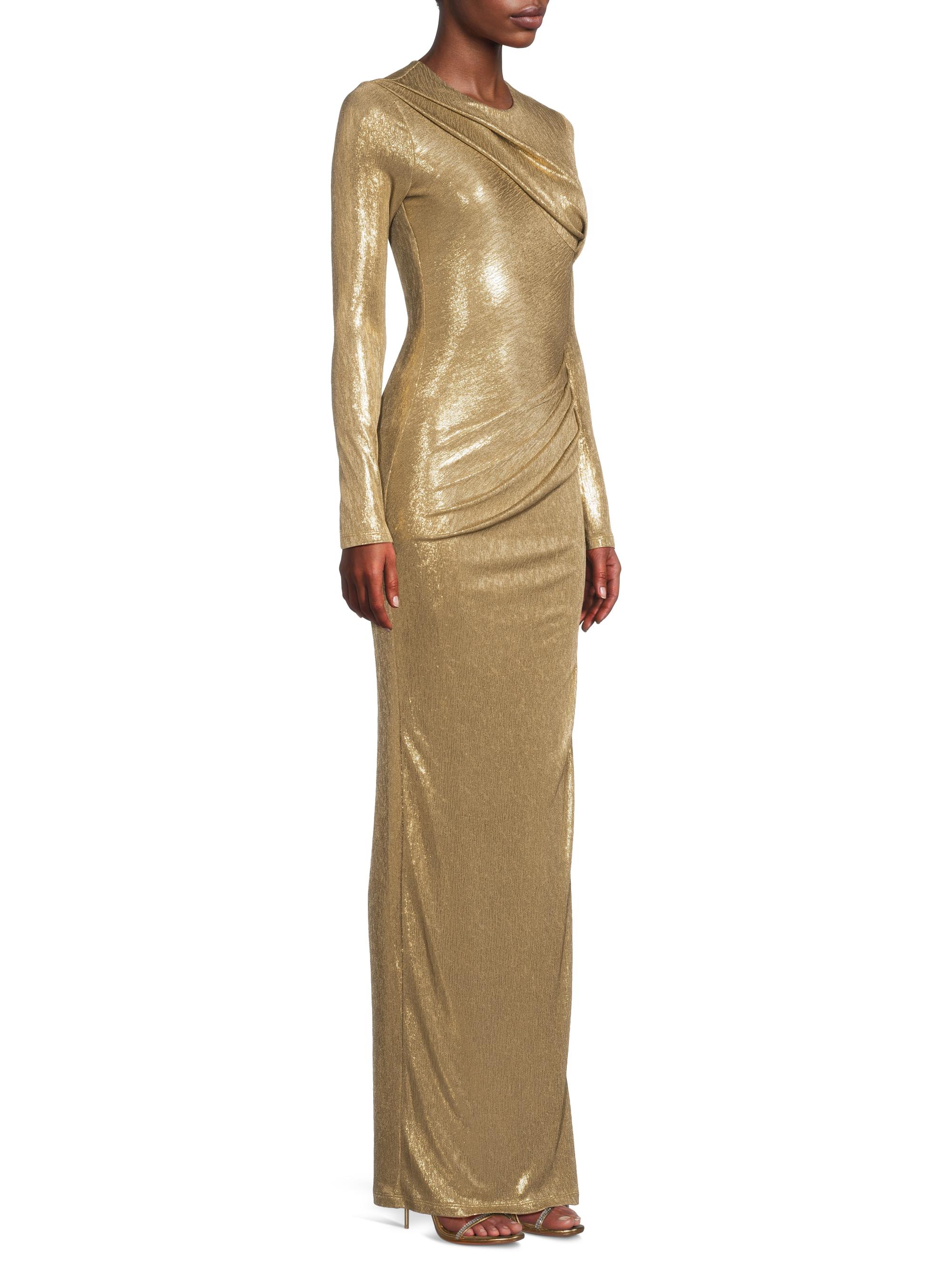 Black Halo Women's Marika Draped Metallic Long-Sleeve Gown - Liquid Gold - Size 10