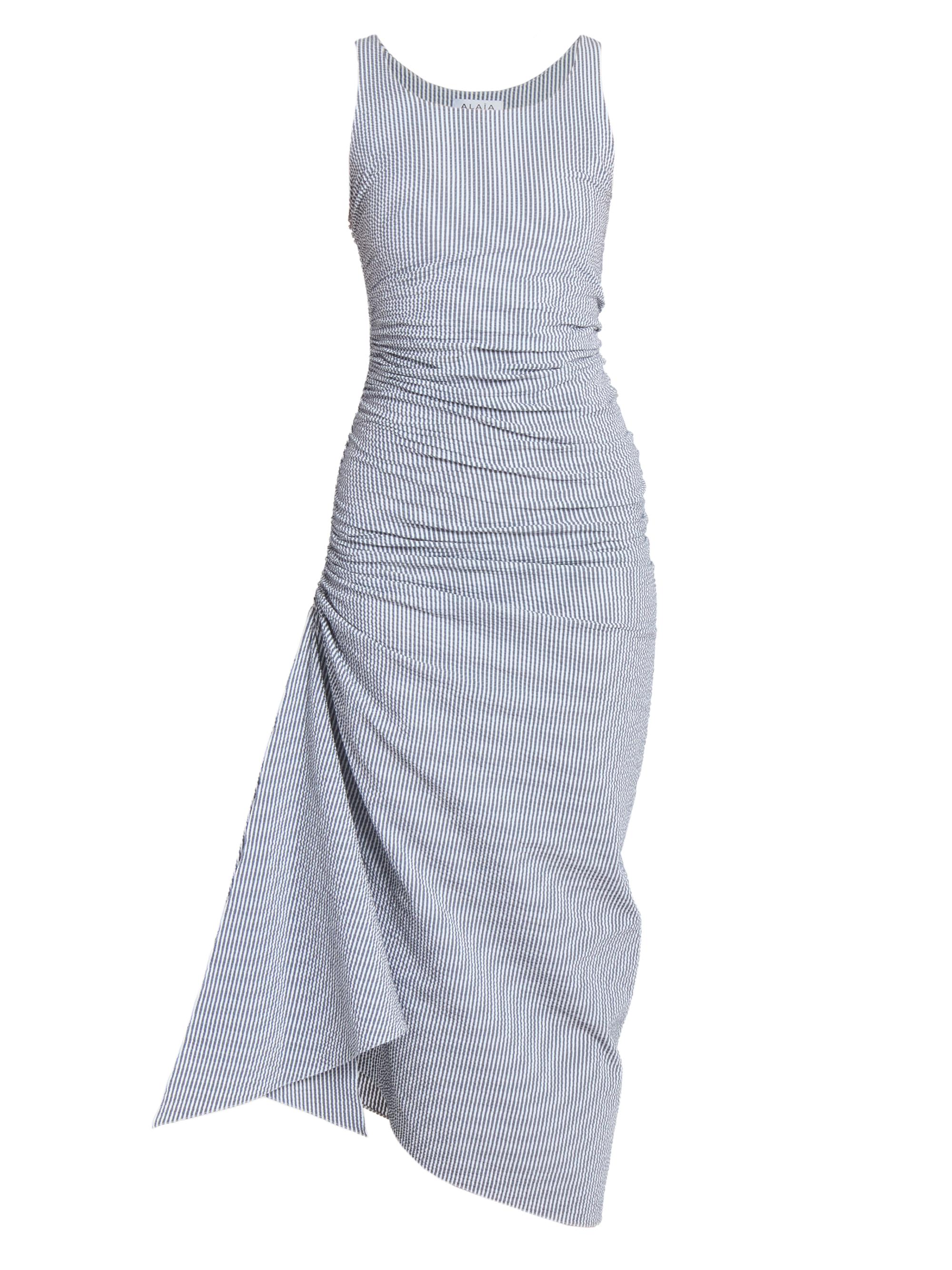 Alaïa Women's Gathered Pinstripe Drape Dress - Blanc Bleu