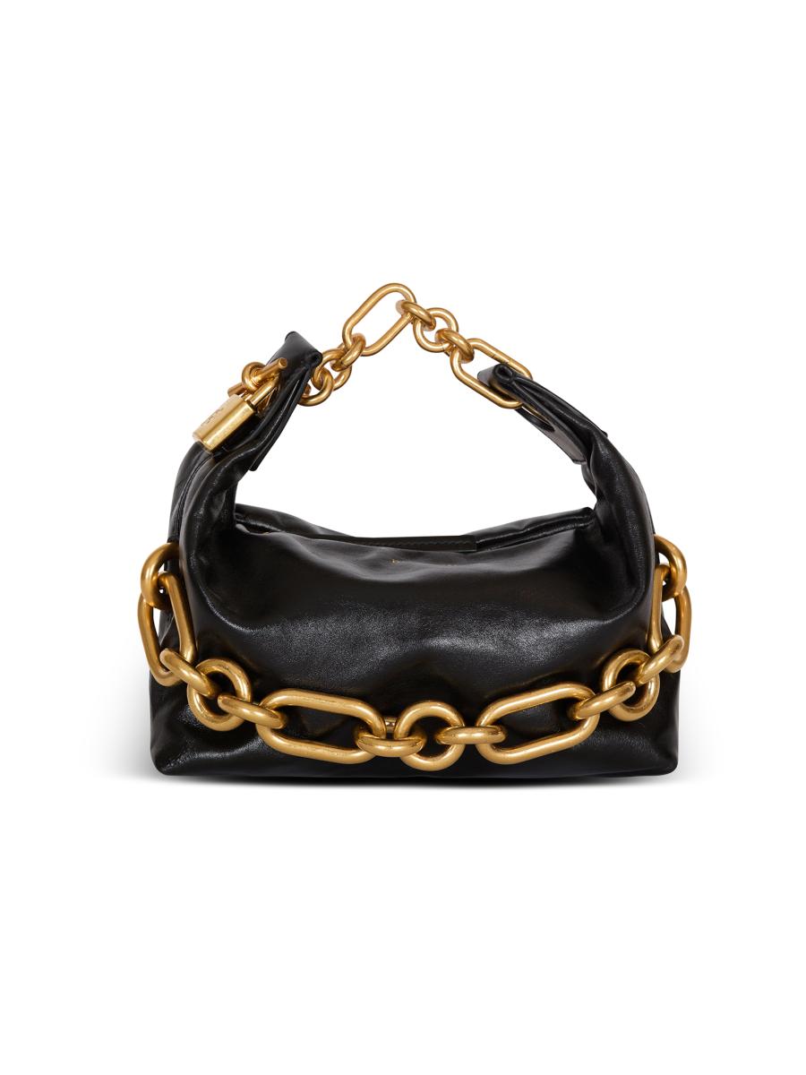 BALMAIN One Size Black Gold Chain Link Pebble Grain Leather Handbag