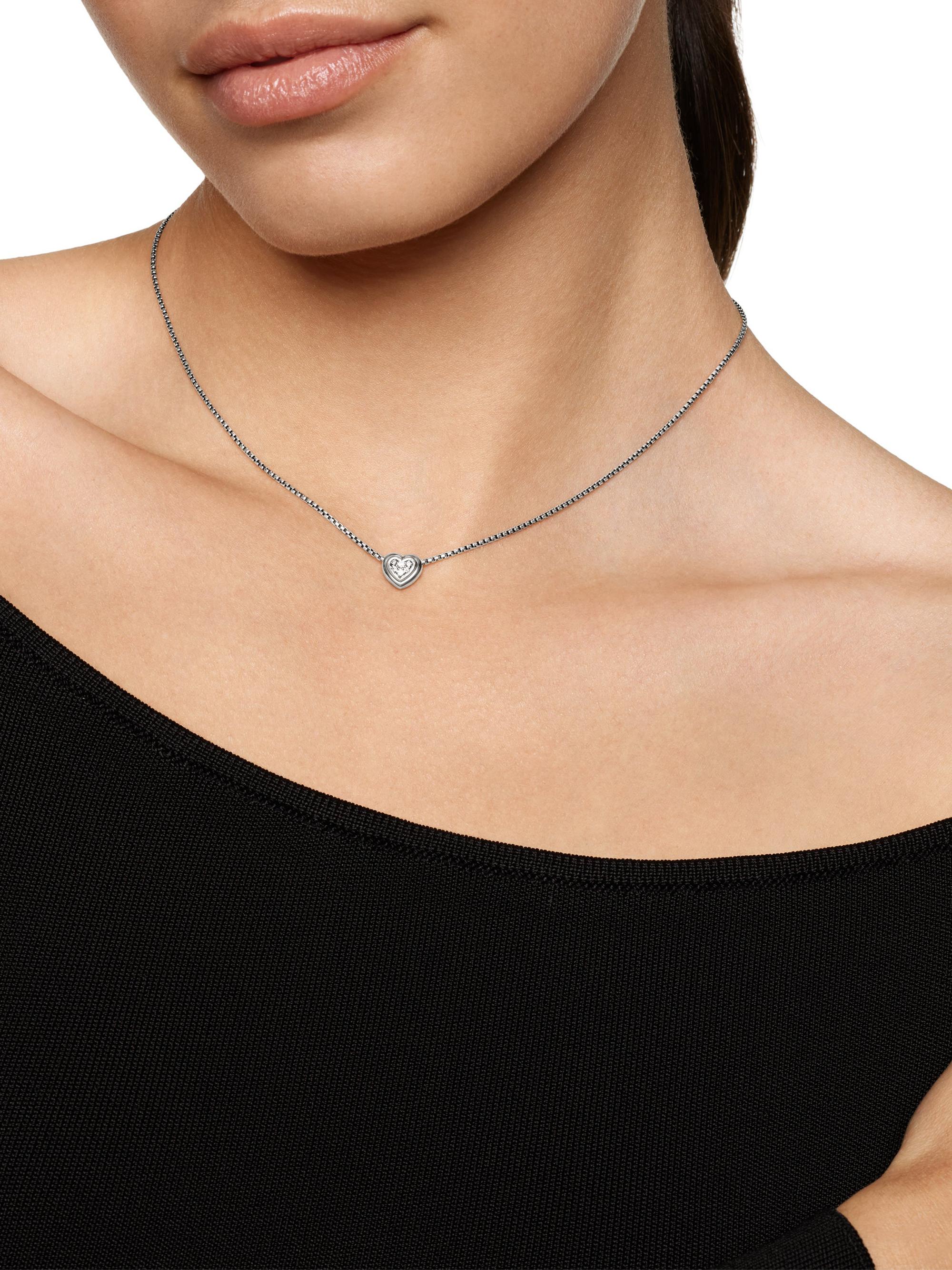 Puffy Heart Pendant Necklace in Sterling Silver with Diamonds, 7.8 MM