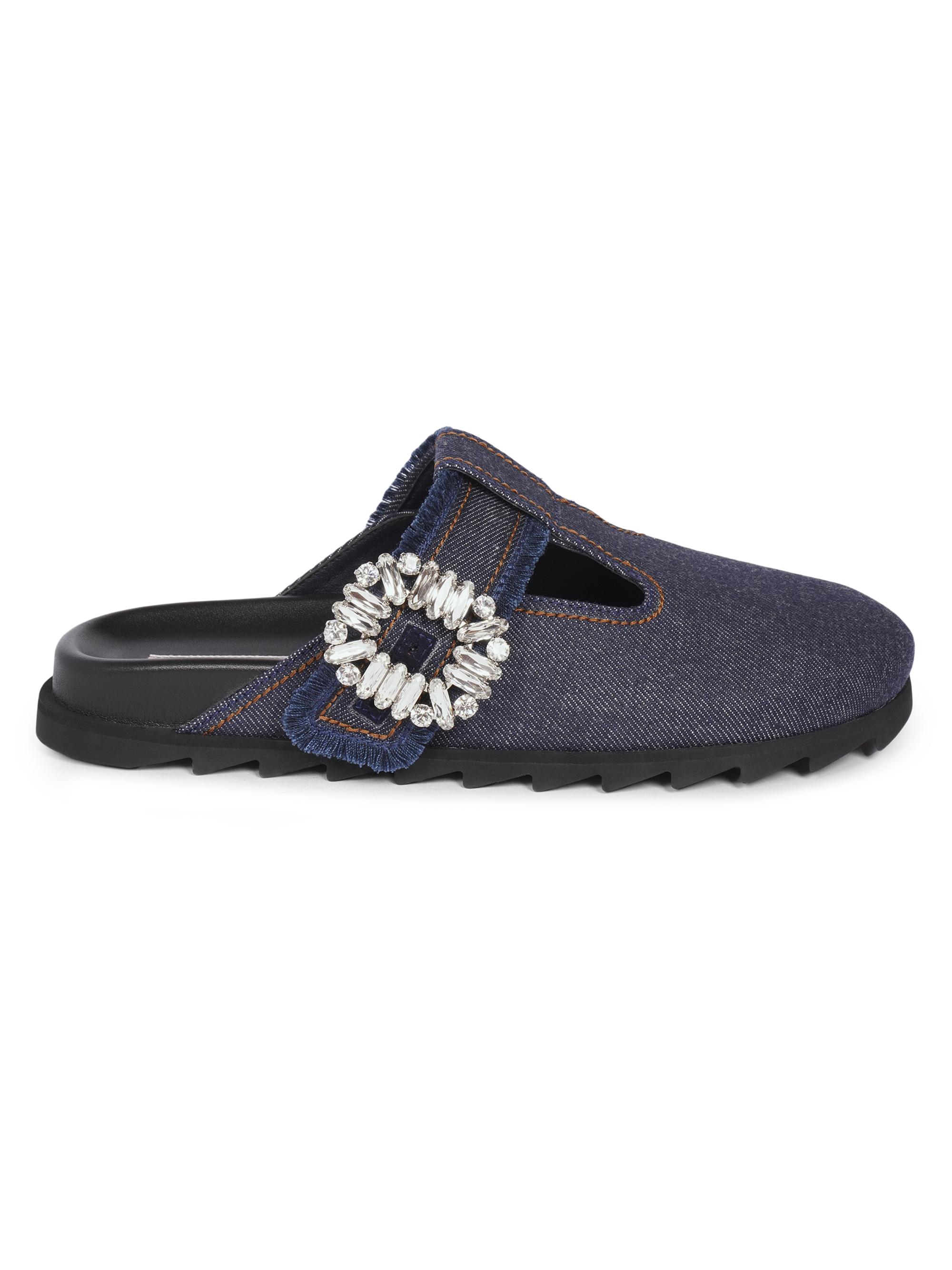 Roger Vivier Women's Slidy Viv Embellished T-Strap Denim Mules - Galassia