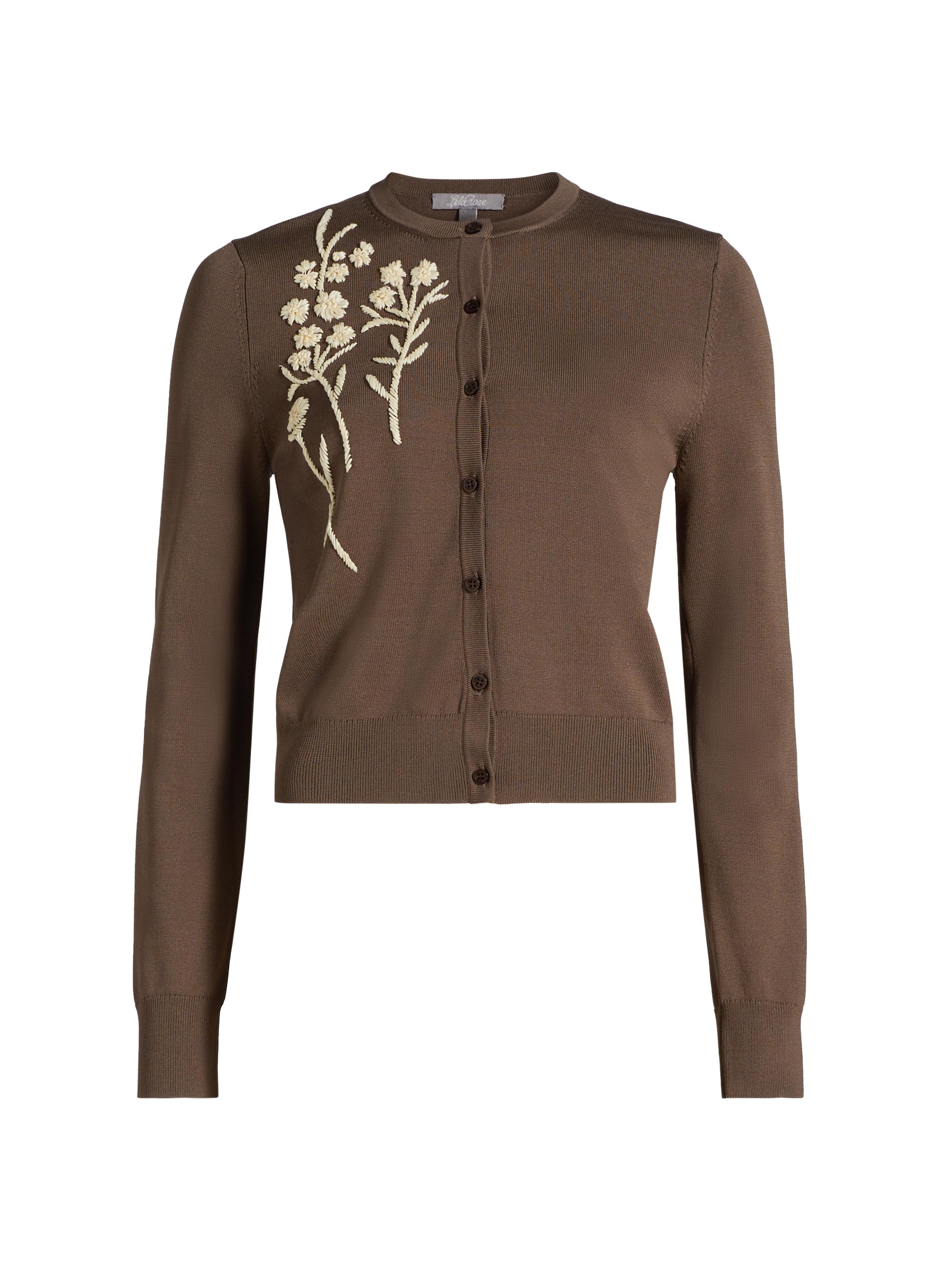 Lela Rose Women's Embroidered Crewneck Cardigan - Chocolate