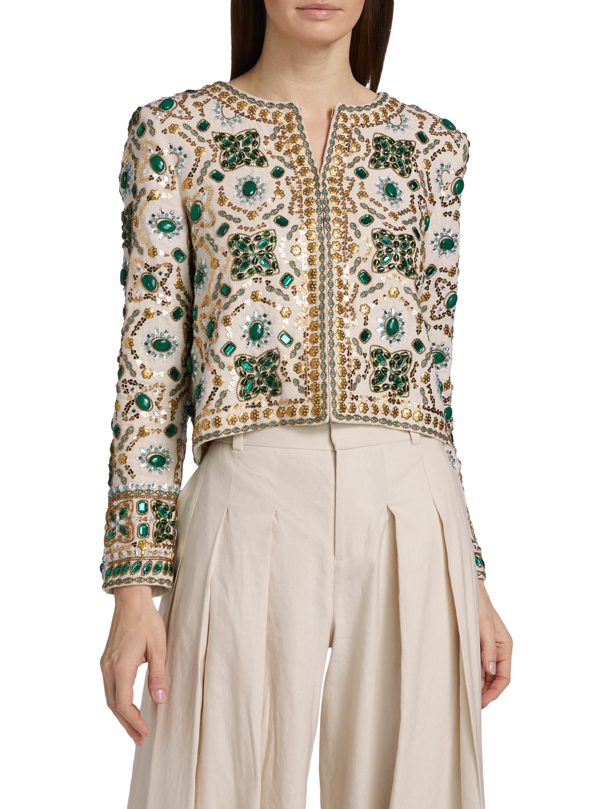 Alice + Olivia Kidman Beaded Linen Crewneck Jacket | Saks Fifth Avenue