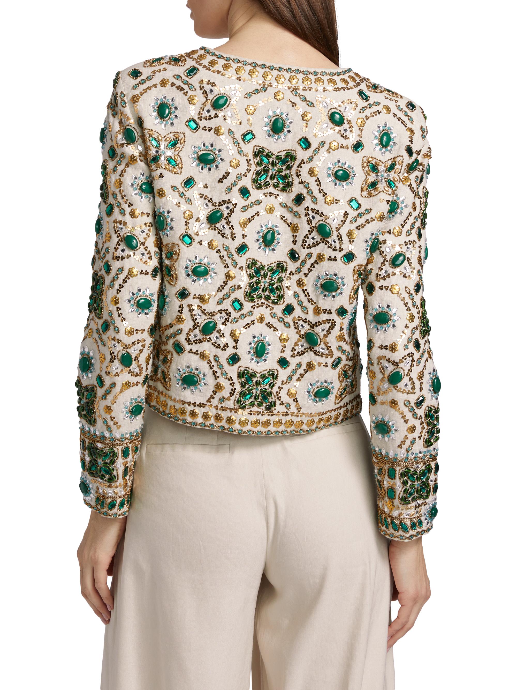 Alice + Olivia Kidman Beaded Linen Crewneck Jacket | Saks Fifth Avenue