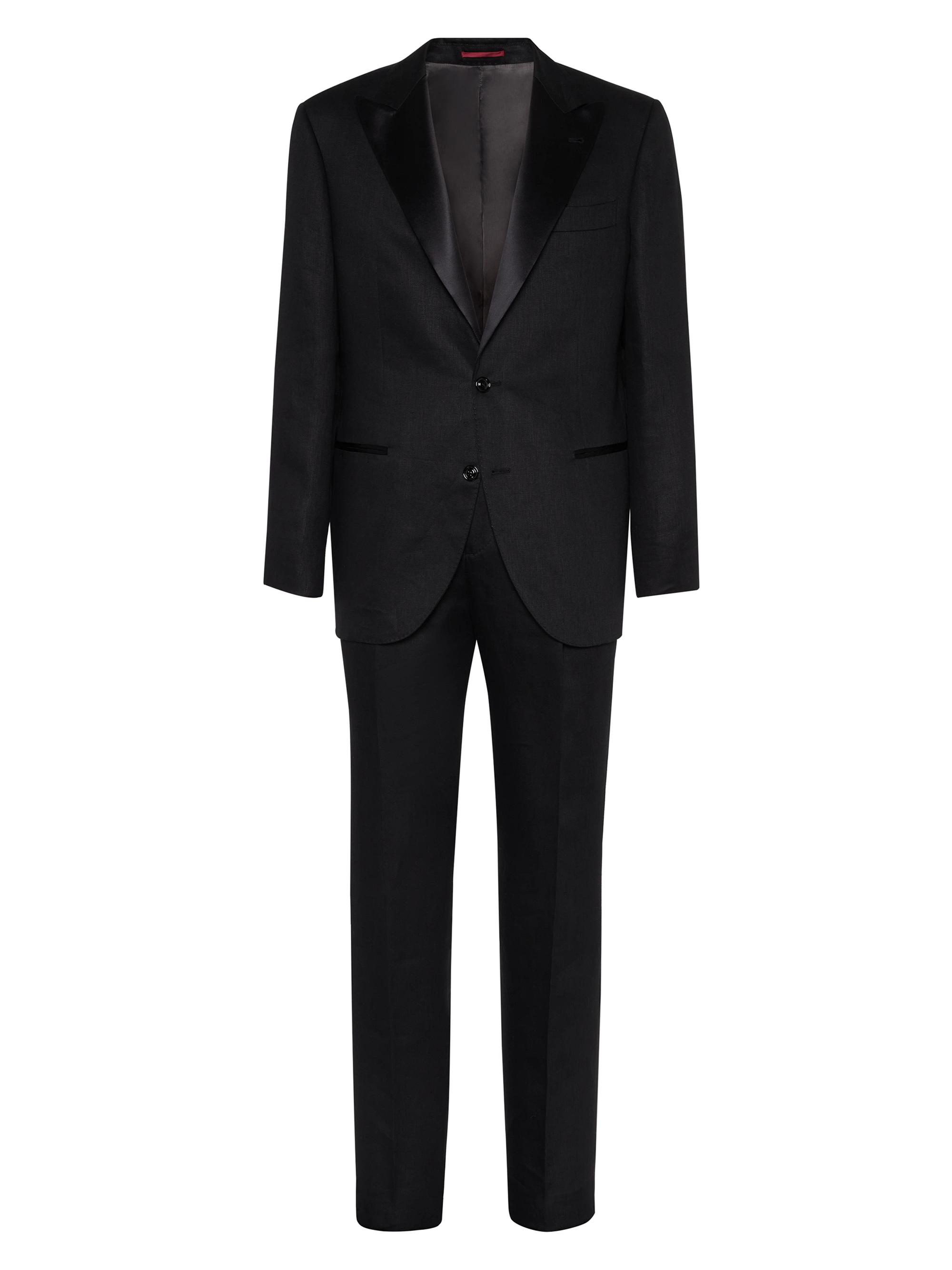 Brunello Cucinelli Men's Linen Satin Tuxedo with Peak Lapel Jacket and Trousers - Black