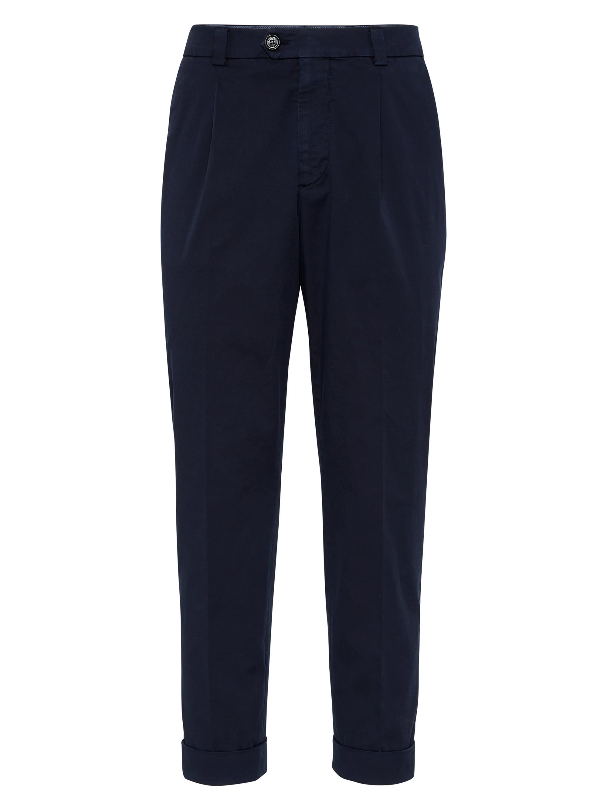 Brunello Cucinelli Men's Garment Dyed Leisure Fit Trousers with Pleats - Navy Blue