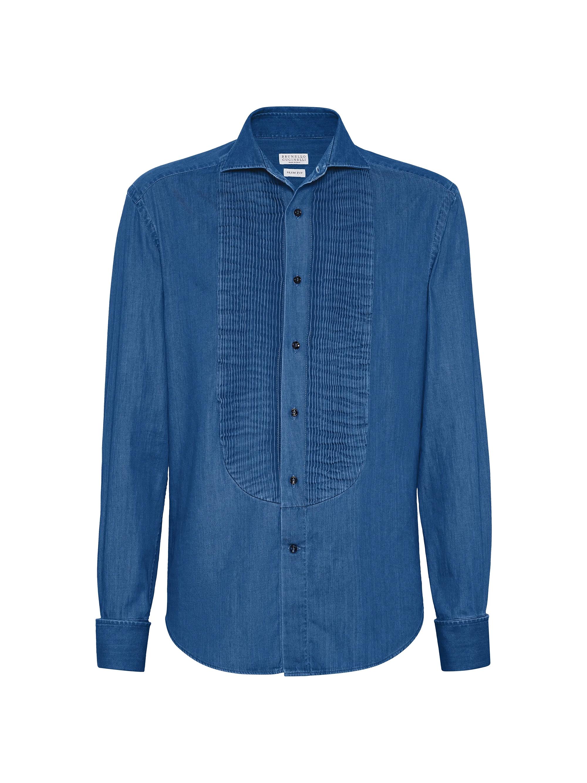 Brunello Cucinelli Men's Lightweight Denim Slim Fit Tuxedo Shirt - Denim