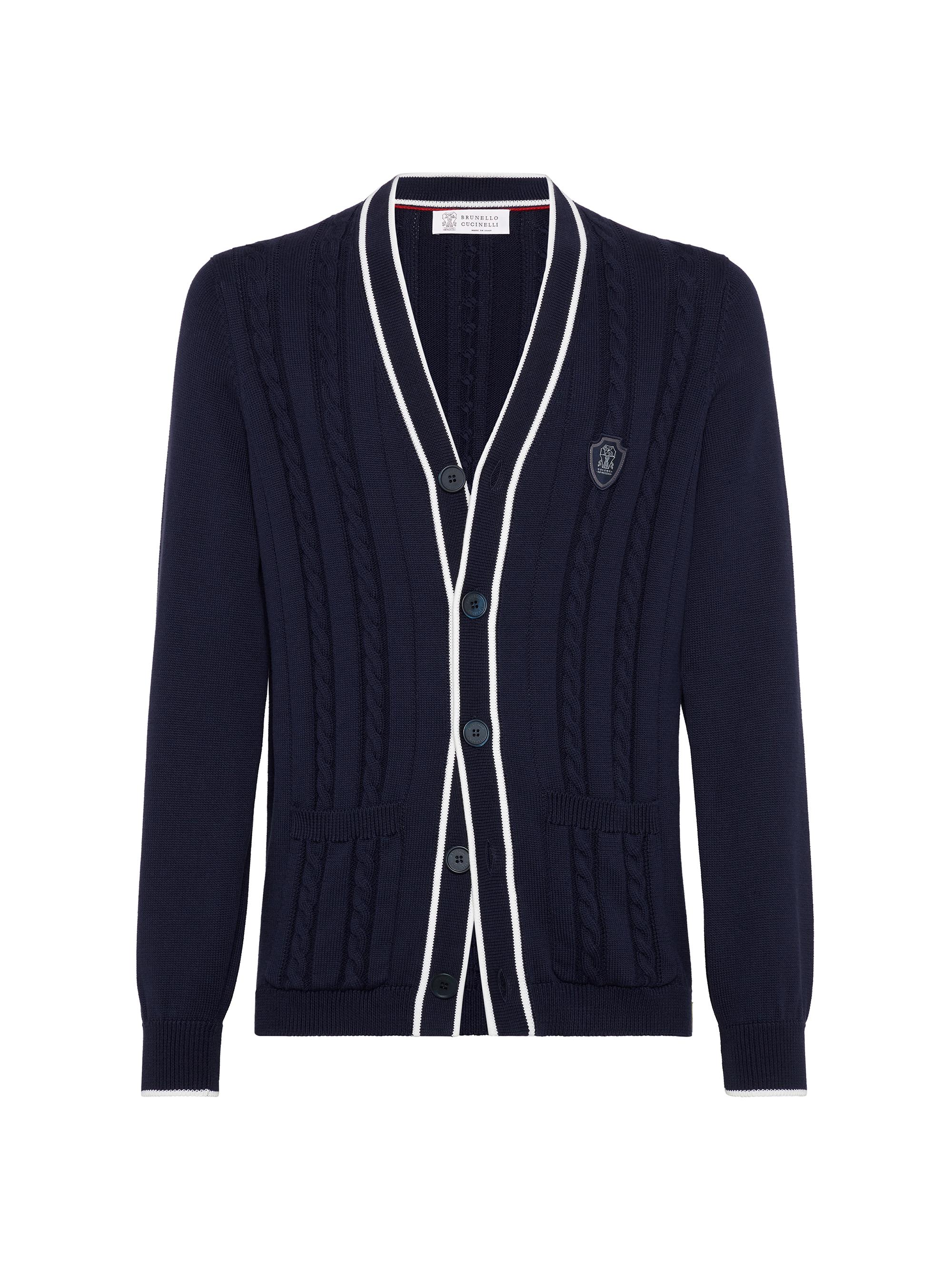 Brunello Cucinelli Men's Cotton Cable Knit Cardigan with Logo - Navy Blue
