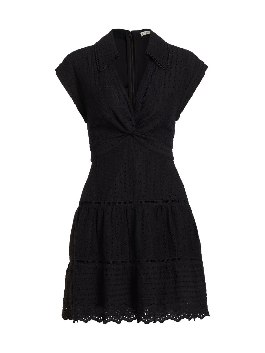Alice And Olivia Women's Mila Eyelet Linen-blend Minidress In Black