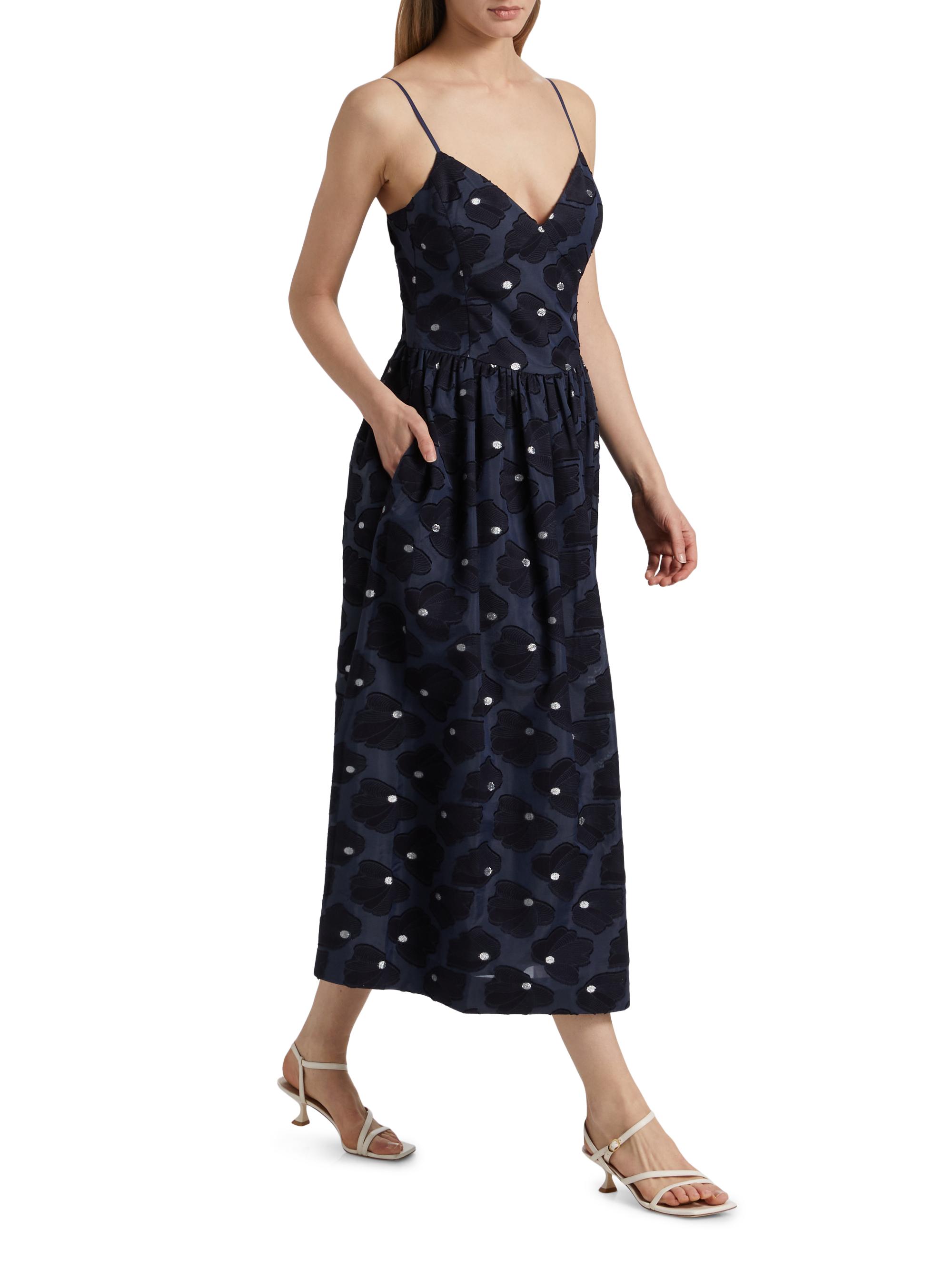 white christmas dresses Tamsin Navy Floral Embroidered Midi Dress with Tiered Skirt – Frock and  Frill main image 0