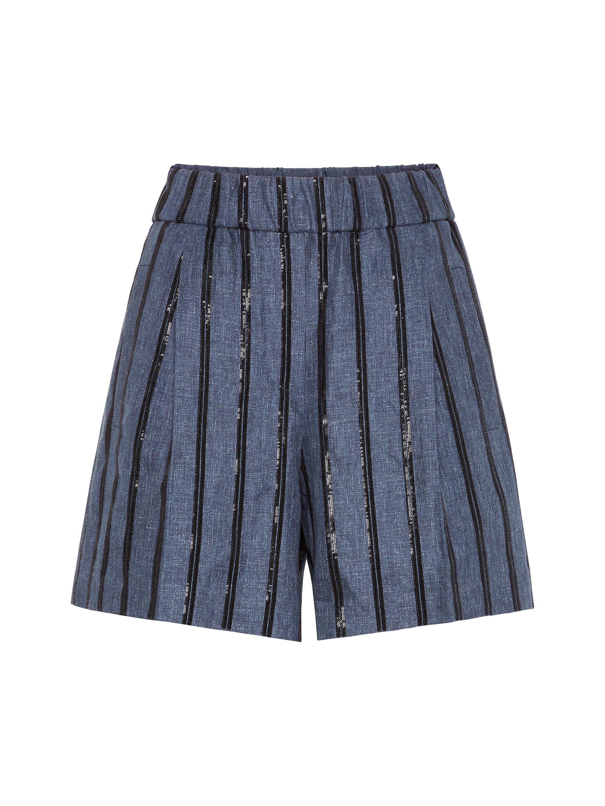 Brunello Cucinelli Women's Denim Effect Linen Baggy Shorts with Dazzling Stripe Embroidery - Denim