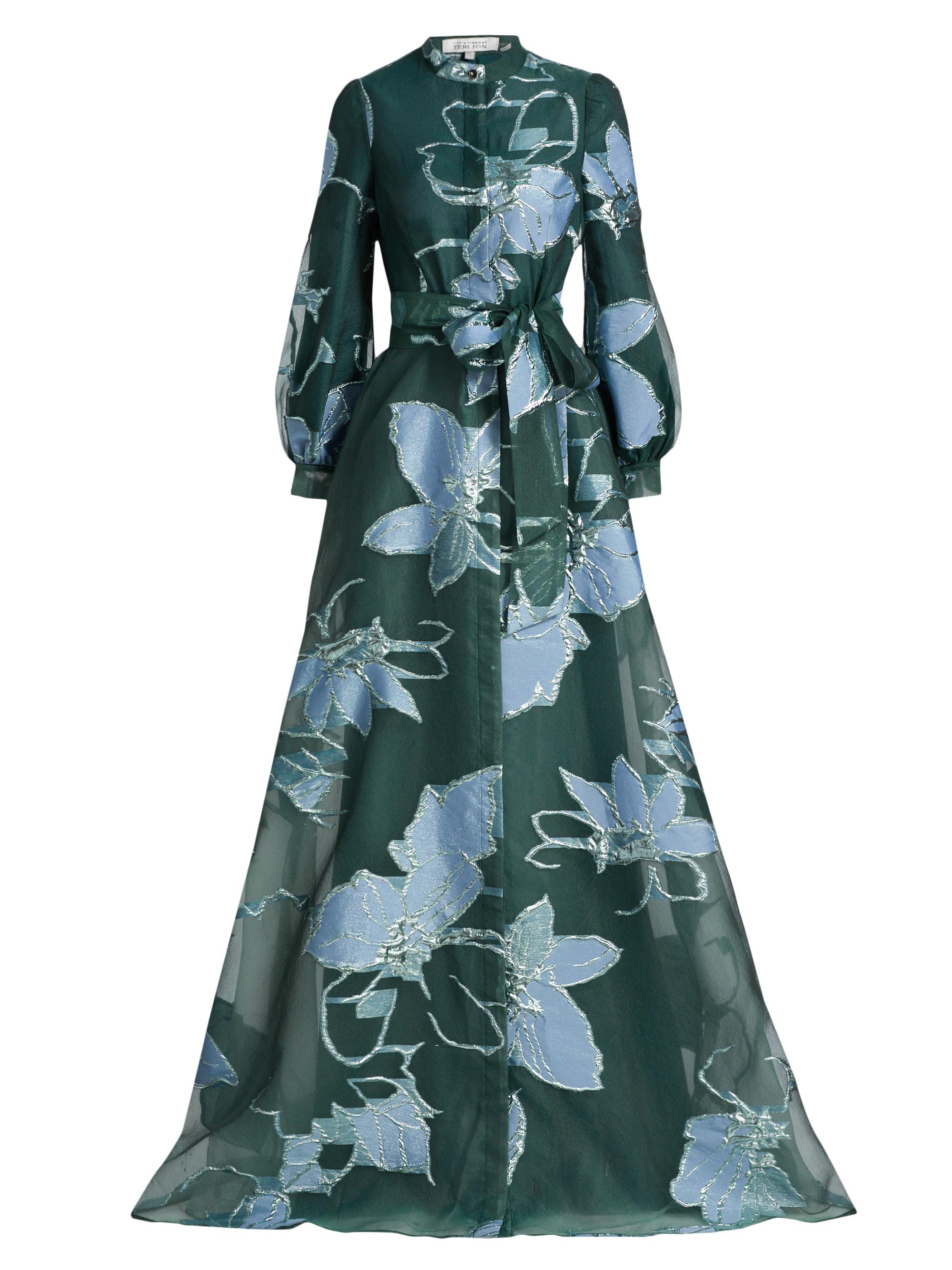 Teri Jon by Rickie Freeman Women's Metallic Floral Jacquard Gown - Green Blue