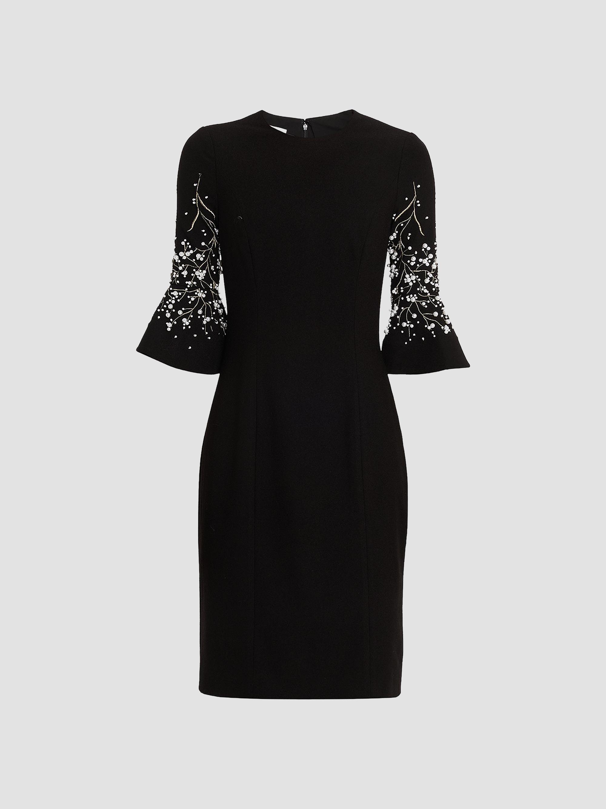 Teri Jon by Rickie Freeman Women's Crepe Flounce-Cuff Flower Pearl-Embellished Dress - Black Multi | Thumbnail 6