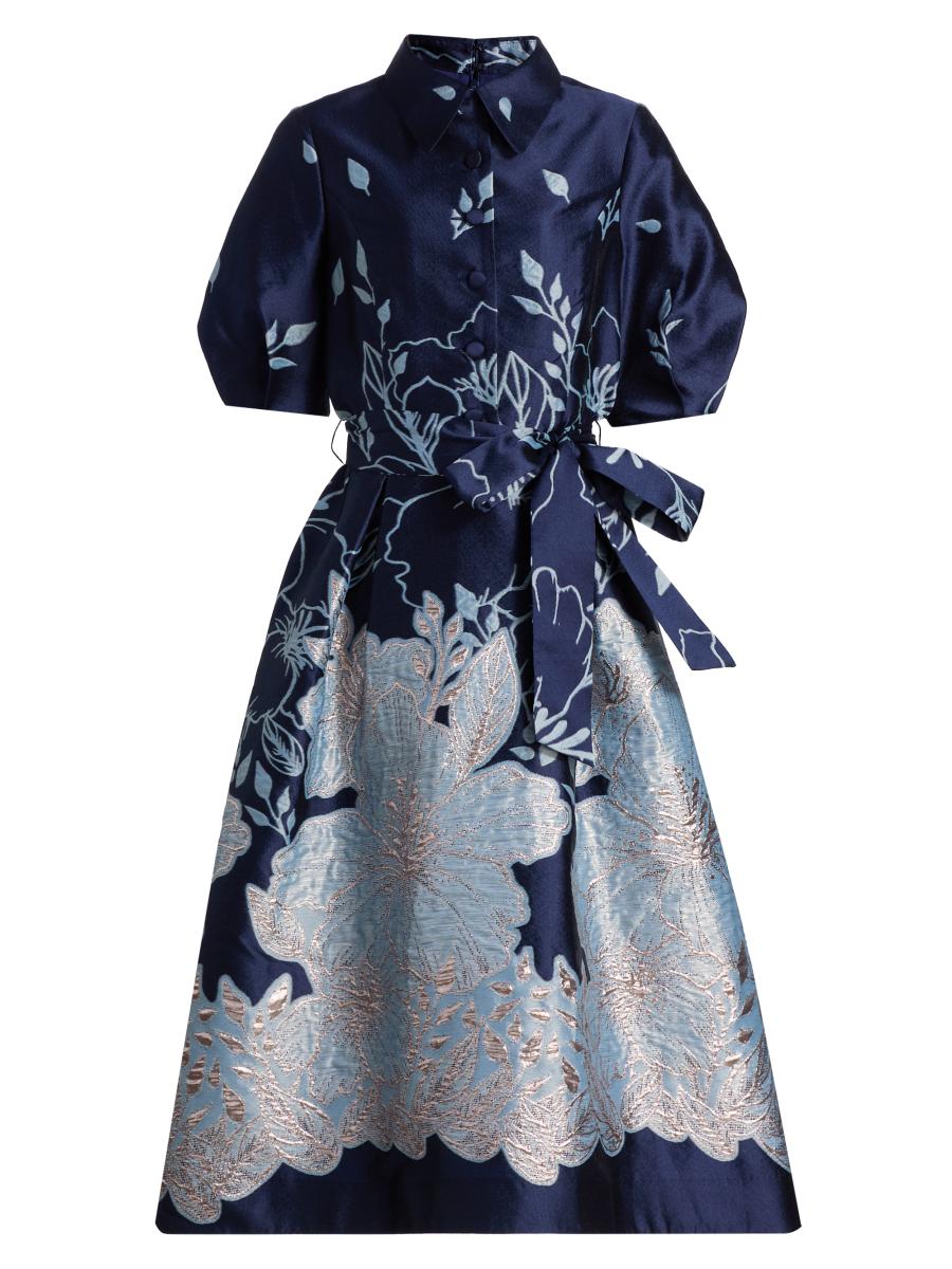 rickie freeman for teri jon blouson-sleeve metallic jacquard midi dress Teri Jon Jacquard Midi Dress - Navy Multi