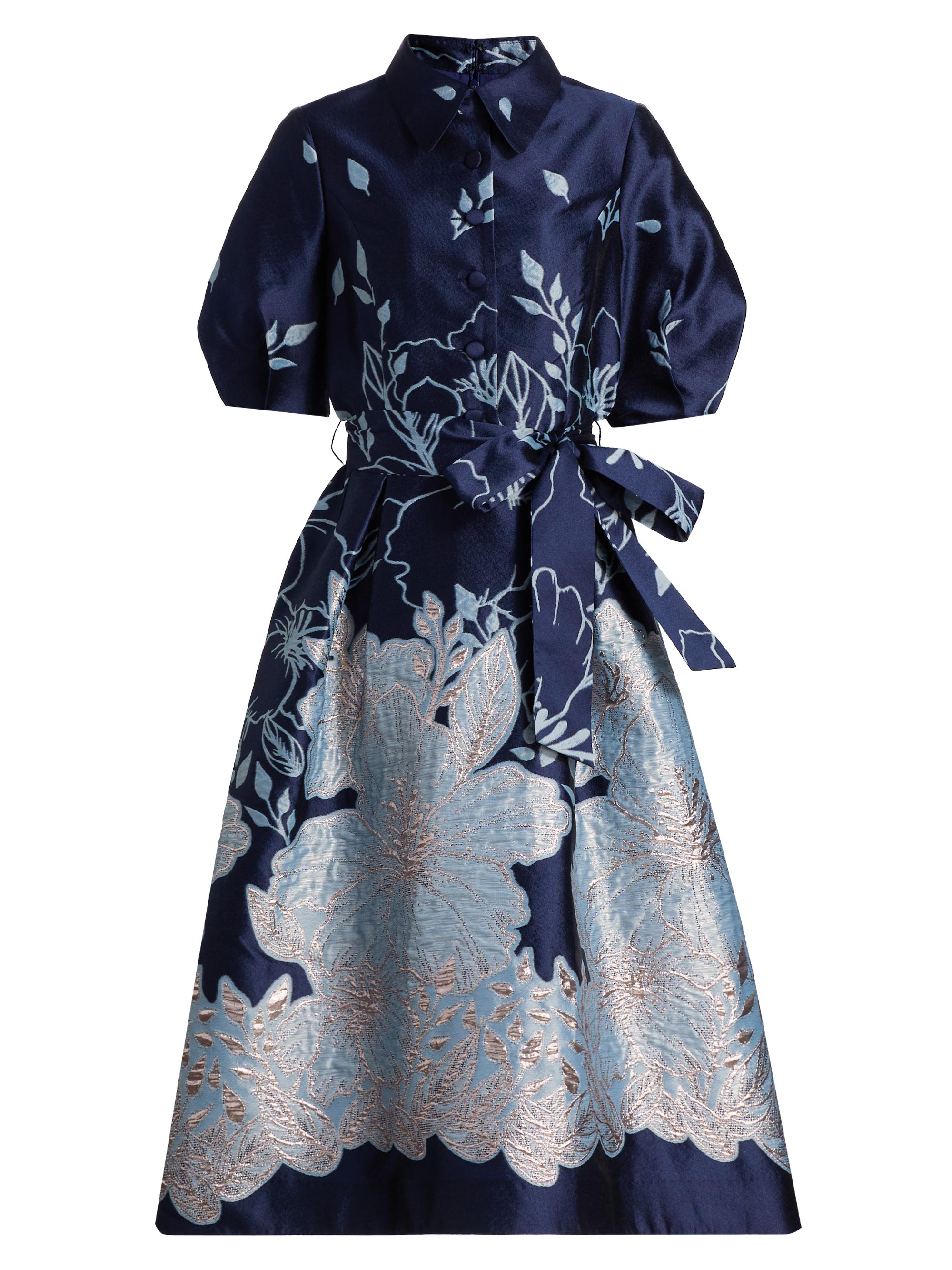 Teri Jon by Rickie Freeman Women's Metallic Jacquard Tie-Waist Fit & Flare Midi-Dress - Navy Multi