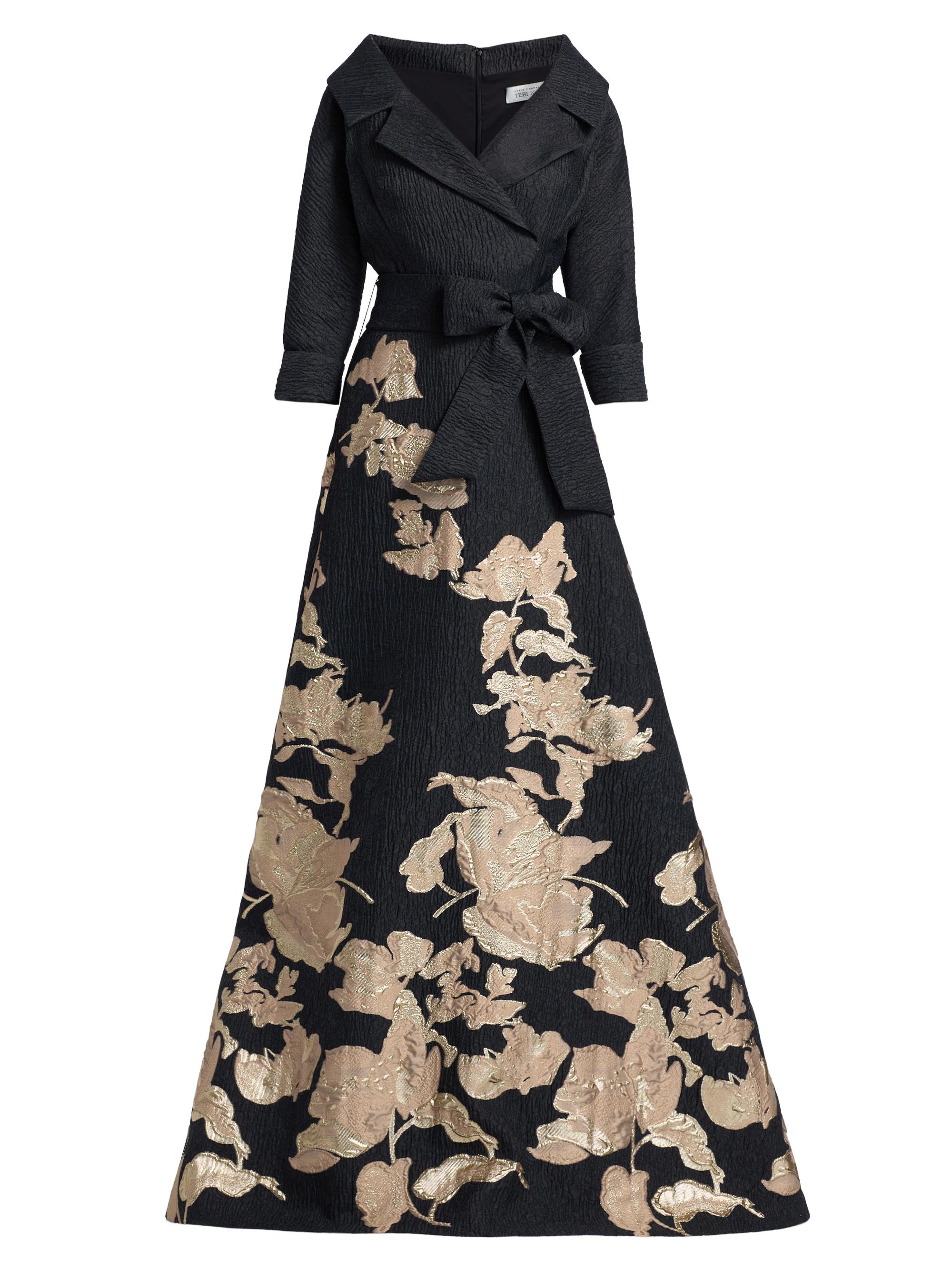 Teri Jon by Rickie Freeman Textured Metallic Floral Jacquard Gown