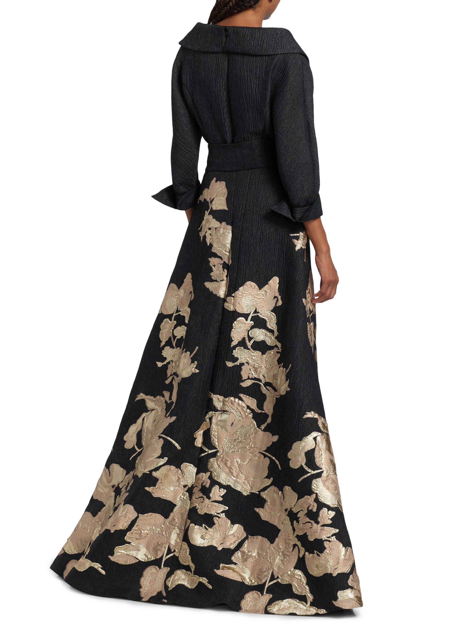 Teri Jon by Rickie Freeman Women's Textured Metallic Floral Jacquard Gown - Black Gold | Thumbnail 5