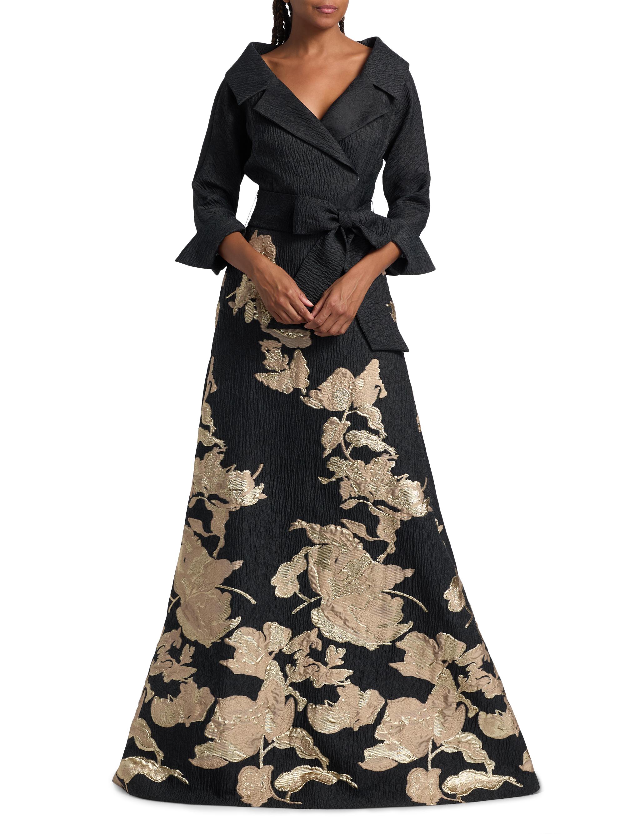 Teri Jon by Rickie Freeman Textured Metallic Floral Jacquard Gown