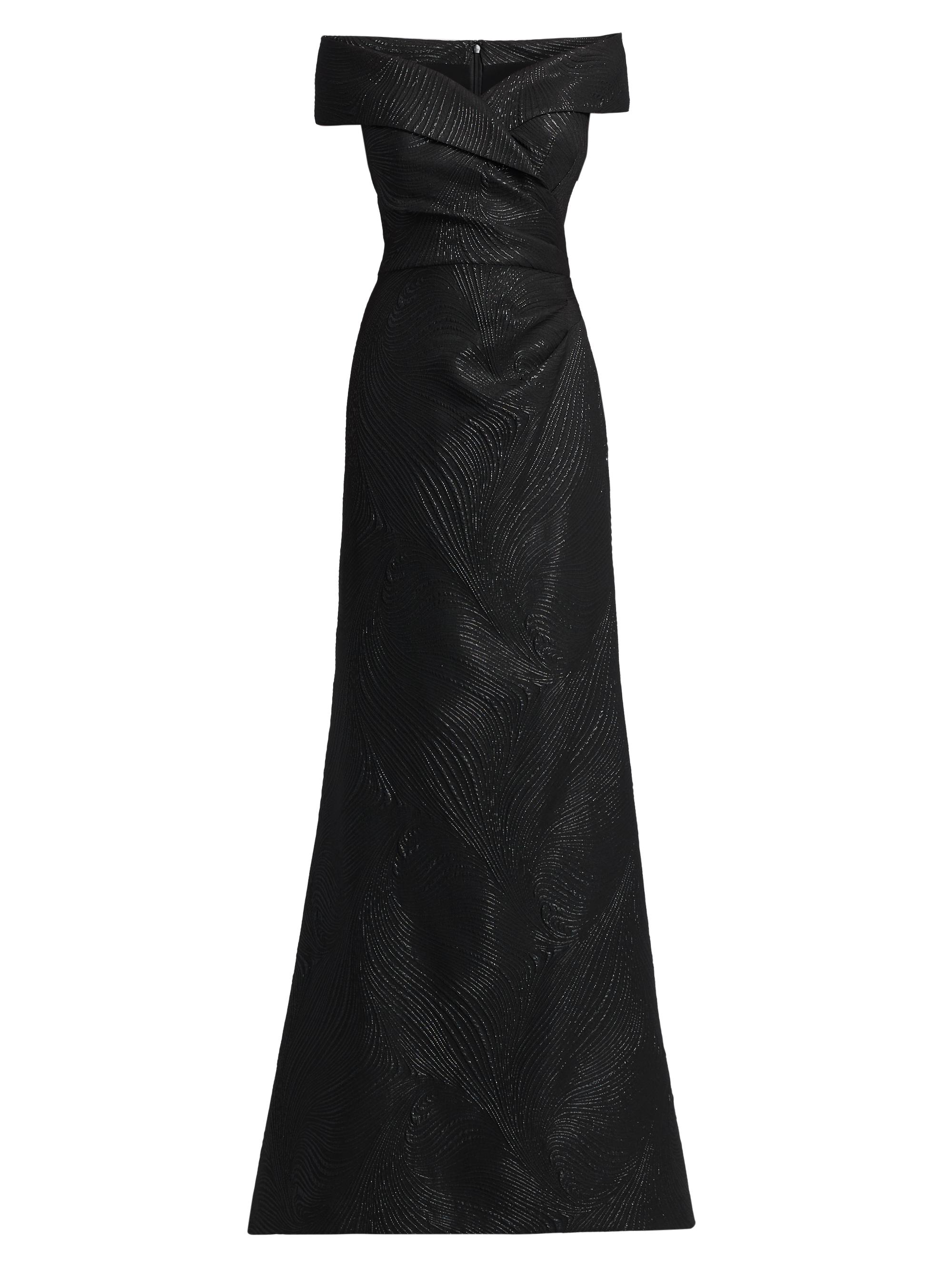 Teri Jon by Rickie Freeman Women's Metallic Wavy Jacquard Portrait Gown - Black