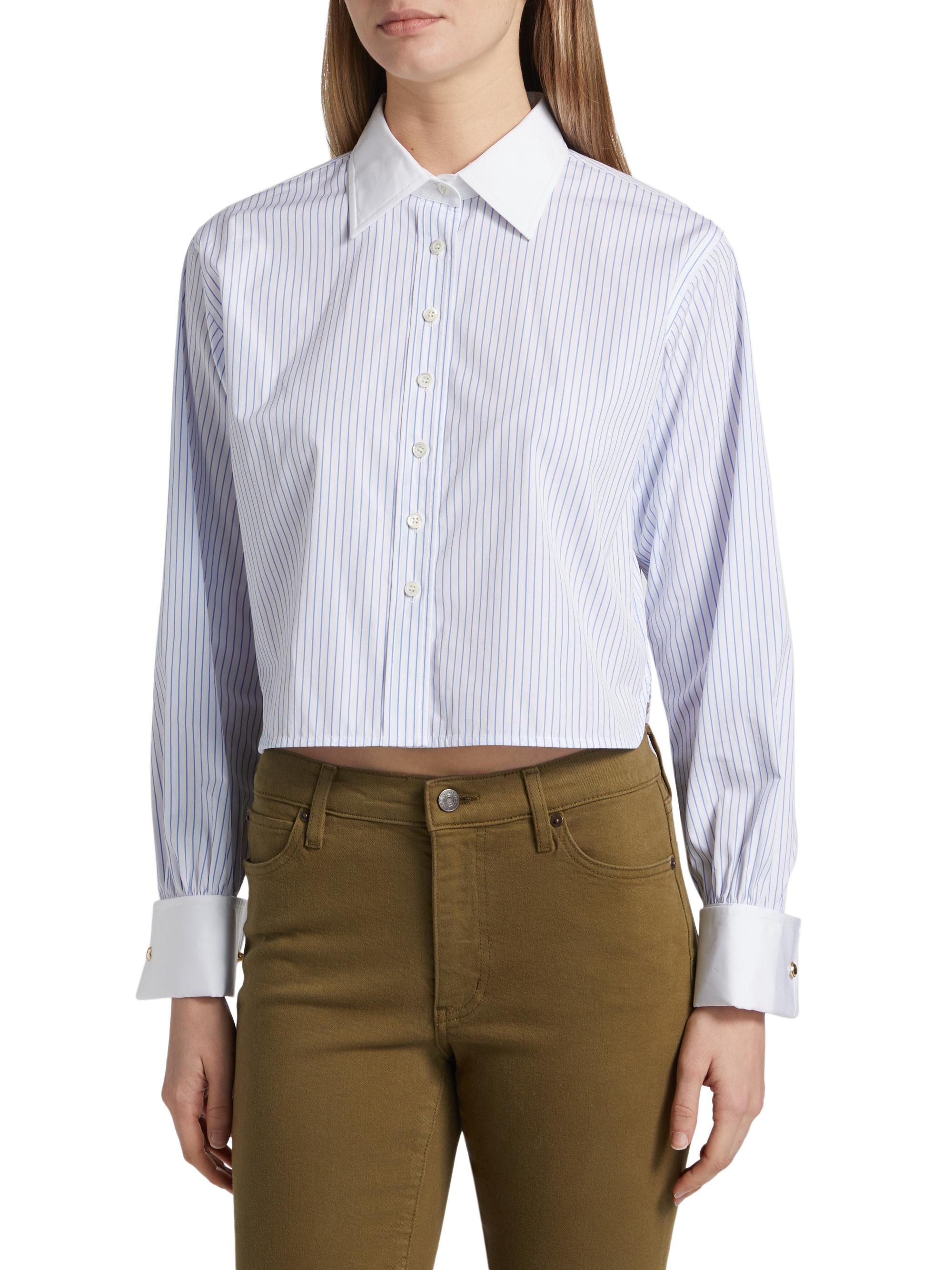 Frame Charles Striped Cotton Button-Front Crop Shirt | Saks Fifth