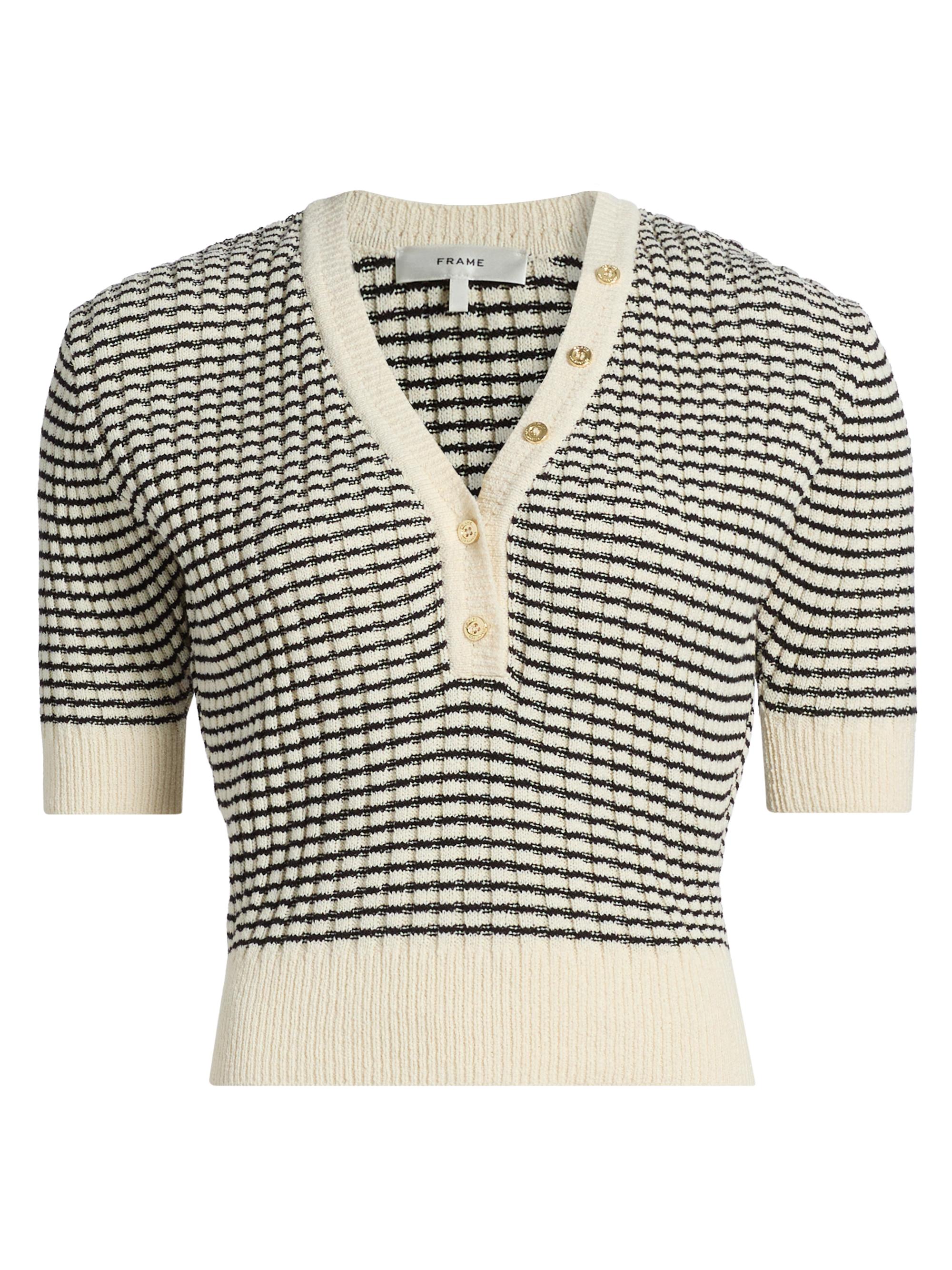 FRAME Women's Striped V-Neck Short-Sleeve Sweater - Cream Multi