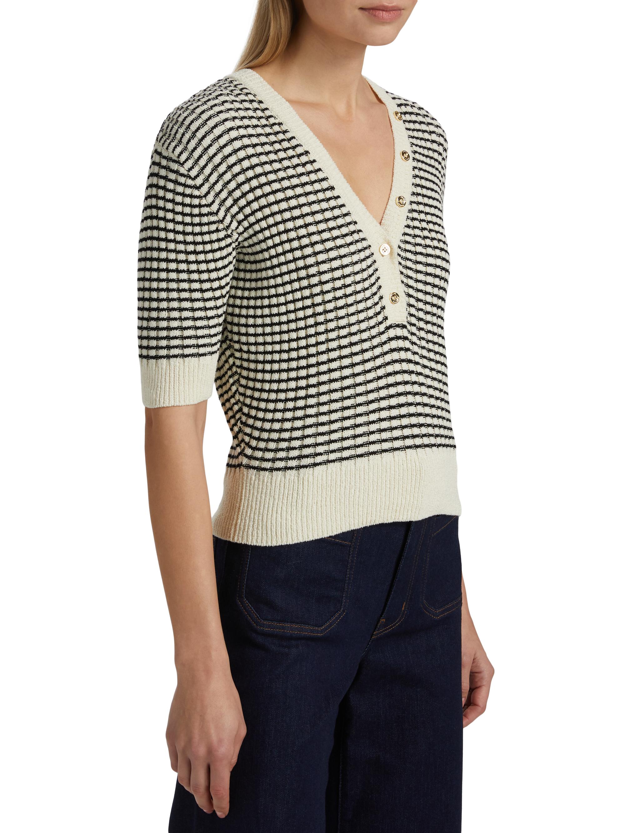 FRAME Striped V-Neck Short-Sleeve Sweater | Saks Fifth Avenue