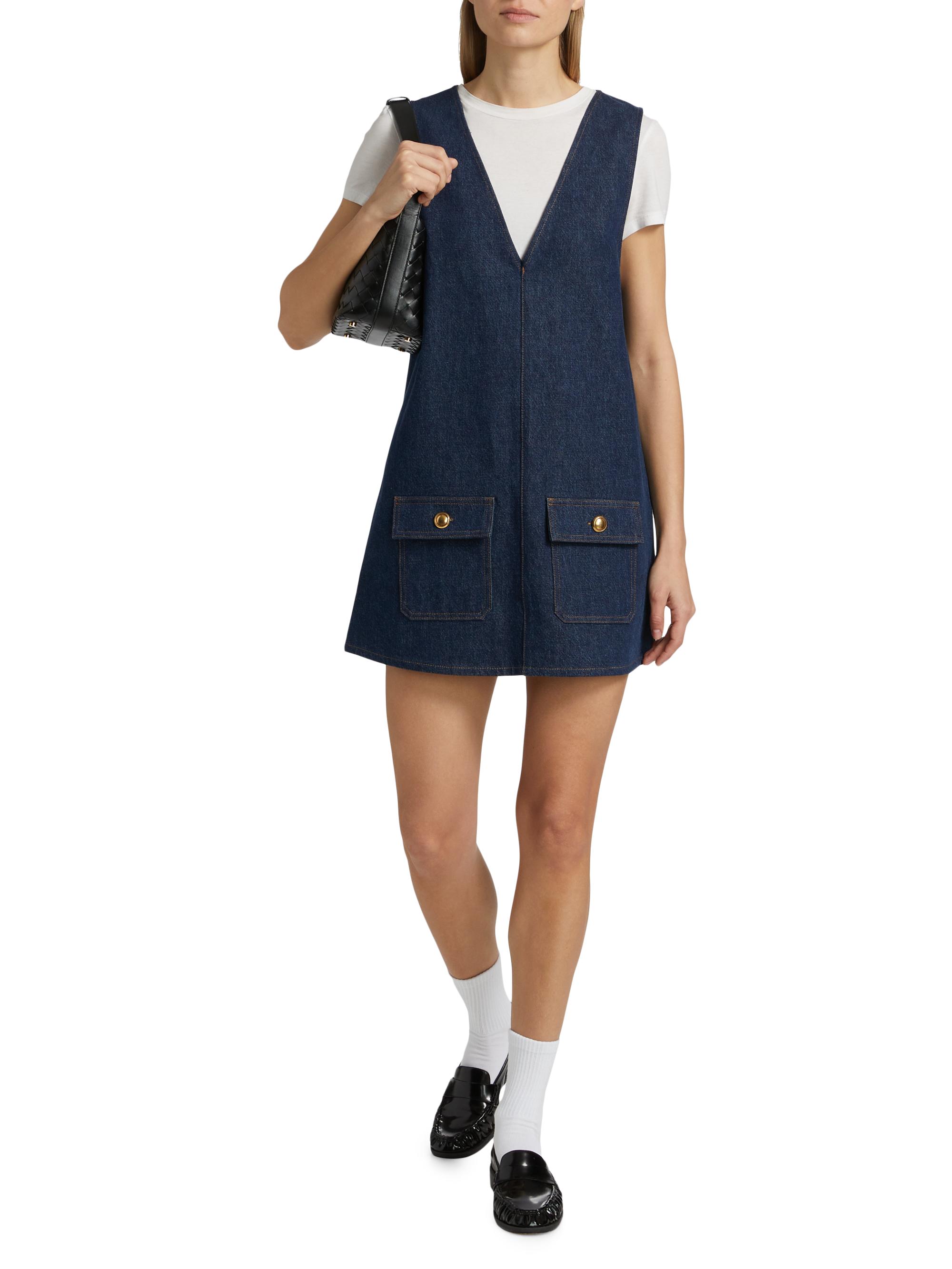 denim pinafore mini dress The Pinafore paneled denim mini dress - dark denim
