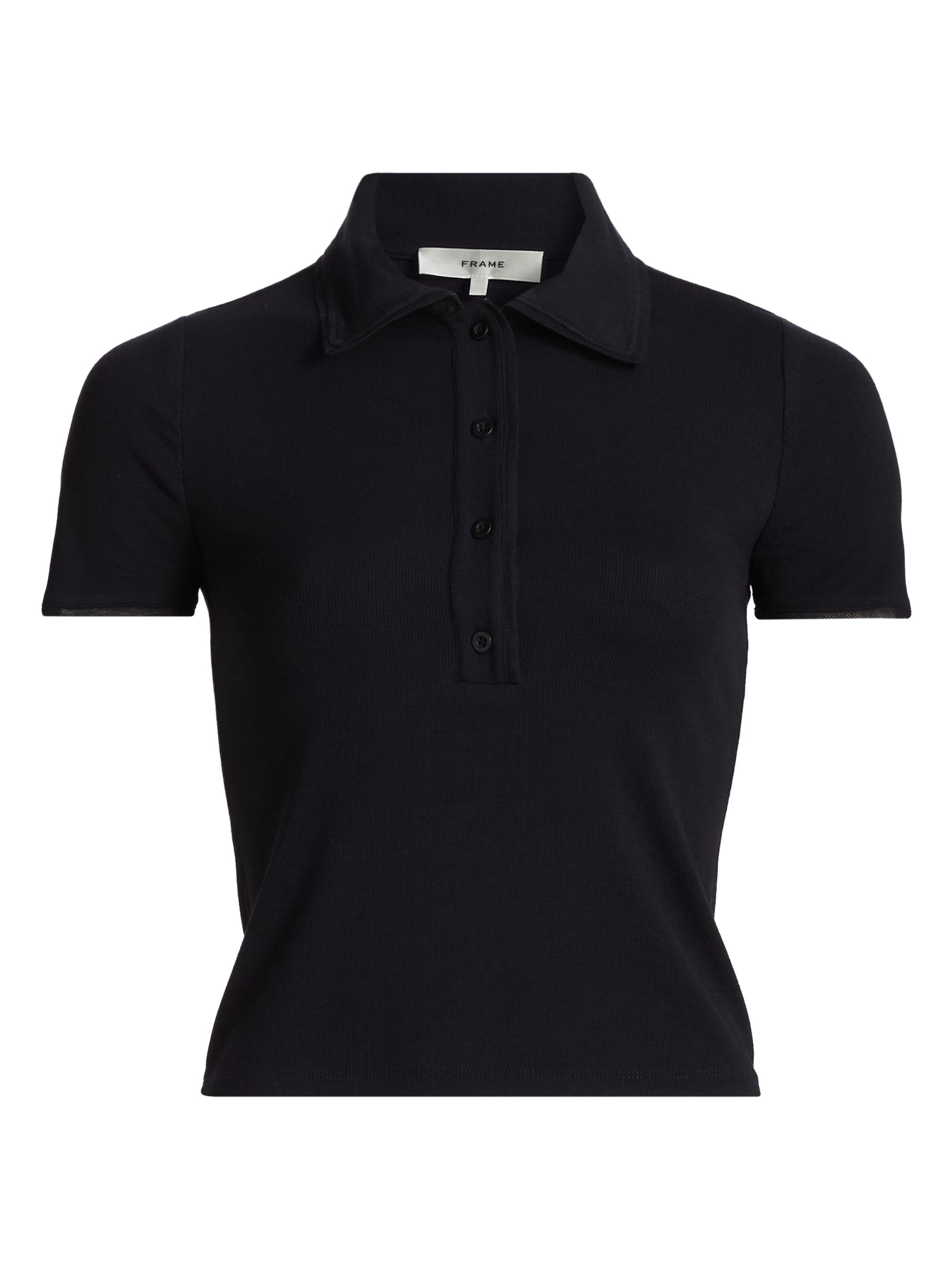 FRAME Women's The Mesh-Trim Polo Shirt - Black