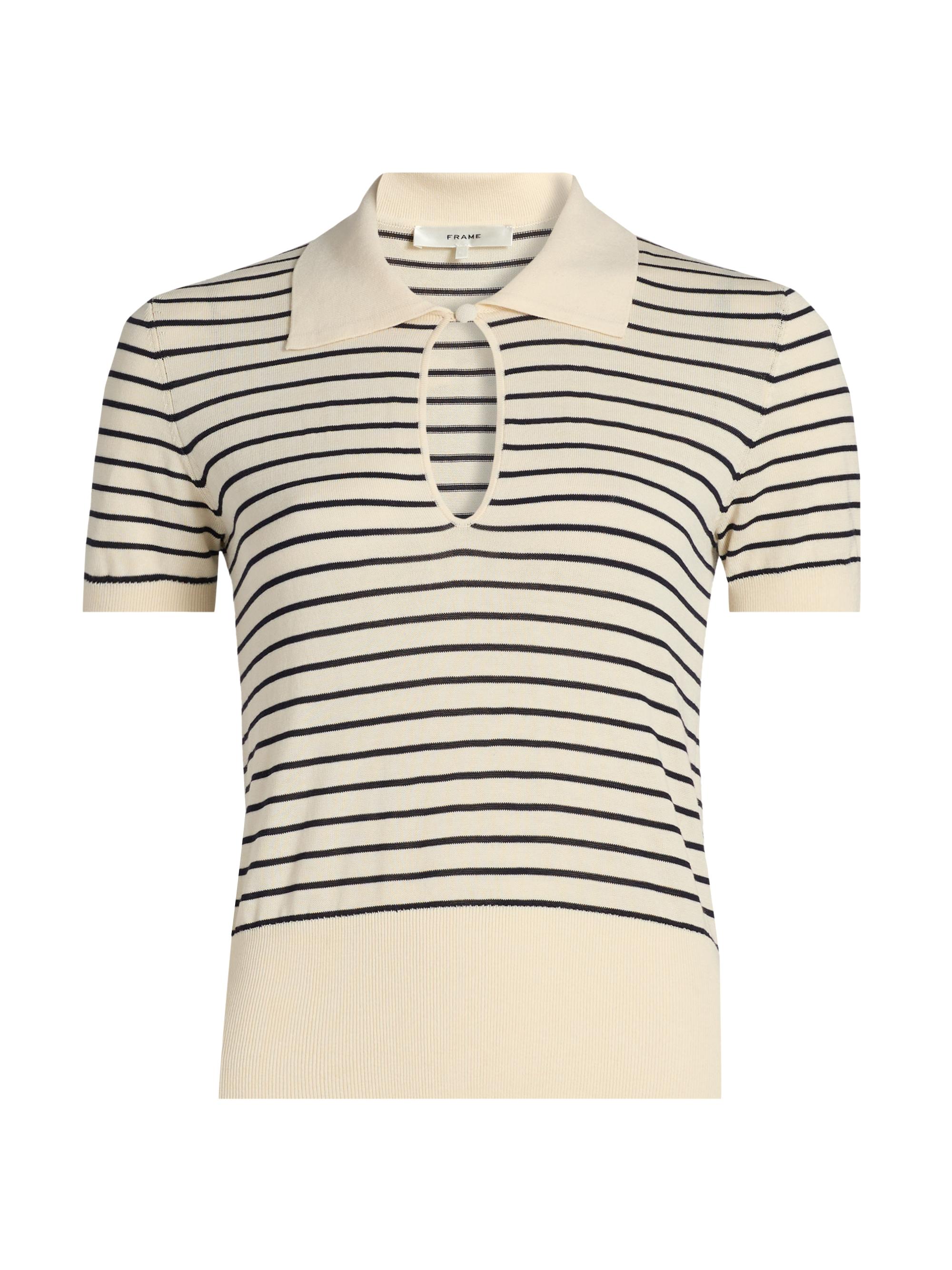FRAME Women's The Keyhole Striped Cotton-Blend Polo Shirt - Cream Multi