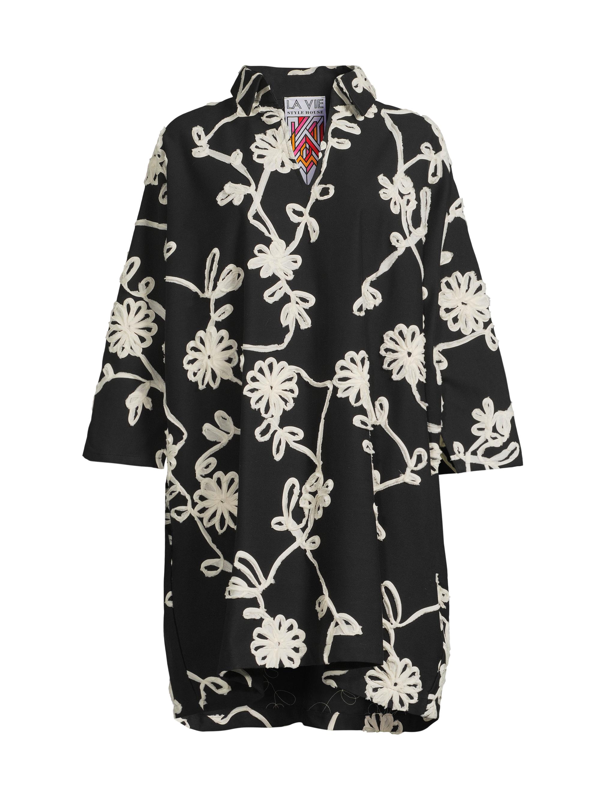 La Vie Style House Women's Floral Ribbon Cotton Oversized Shirtdress - Black White