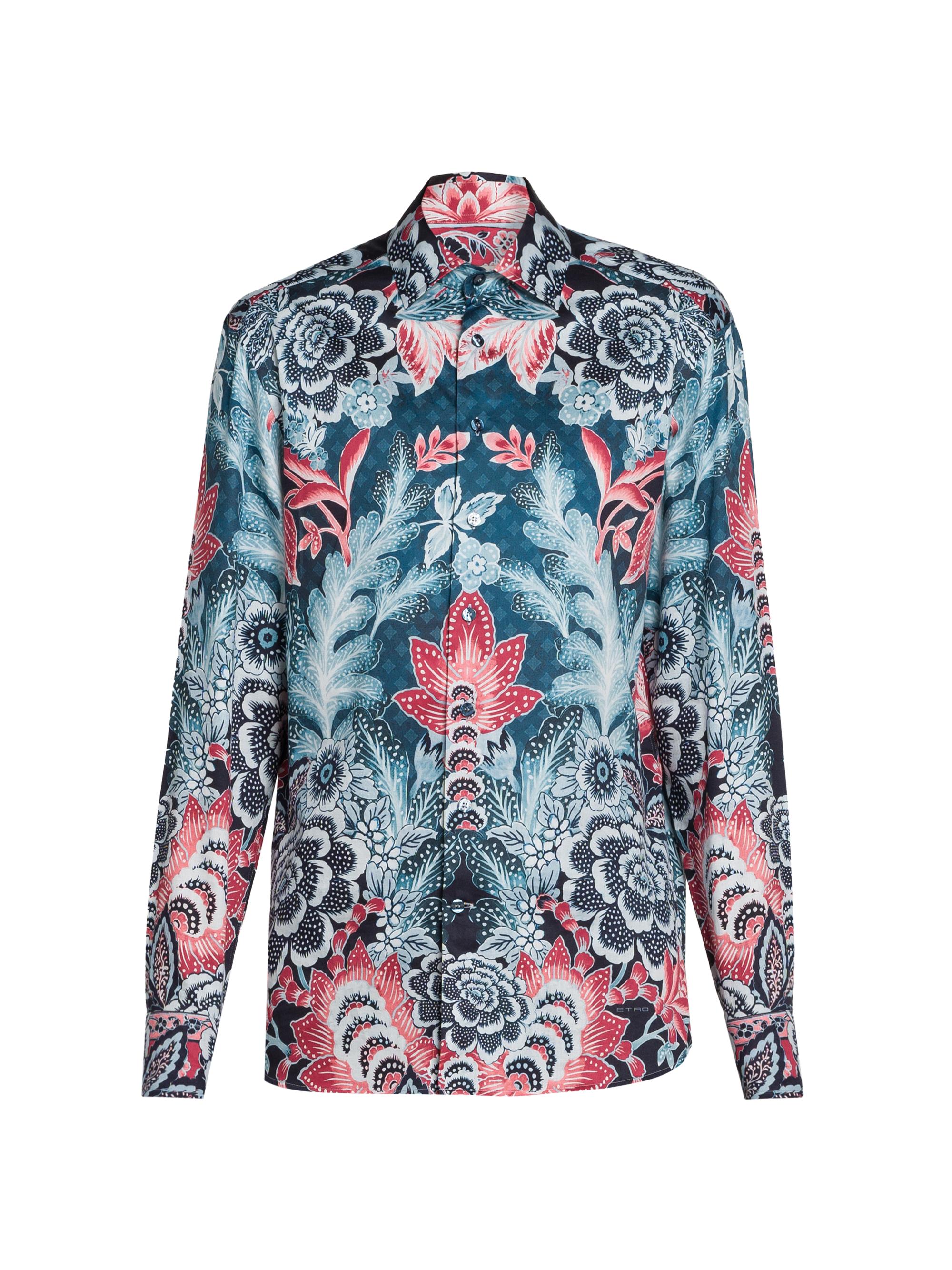 Etro Men's Floral Cotton Shirt - Print On Blue Base
