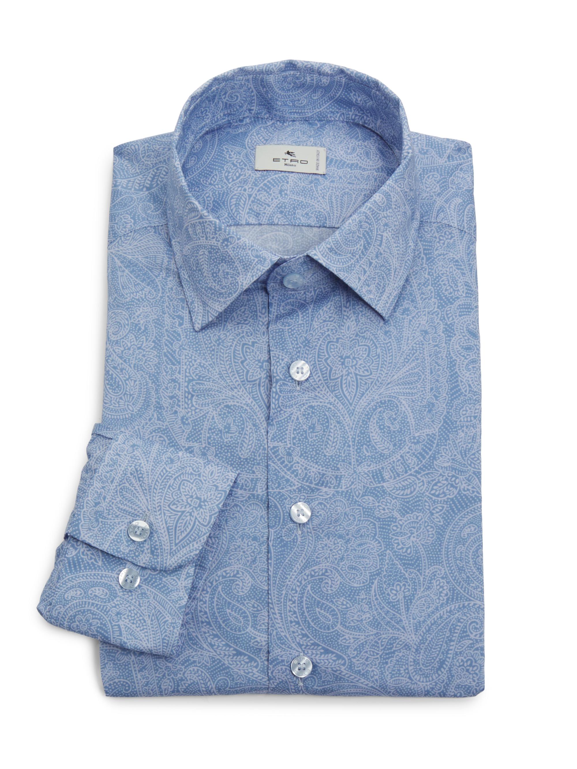 Etro Men's Pasiley Cotton Sport Shirt - Print On Pale Blue Base