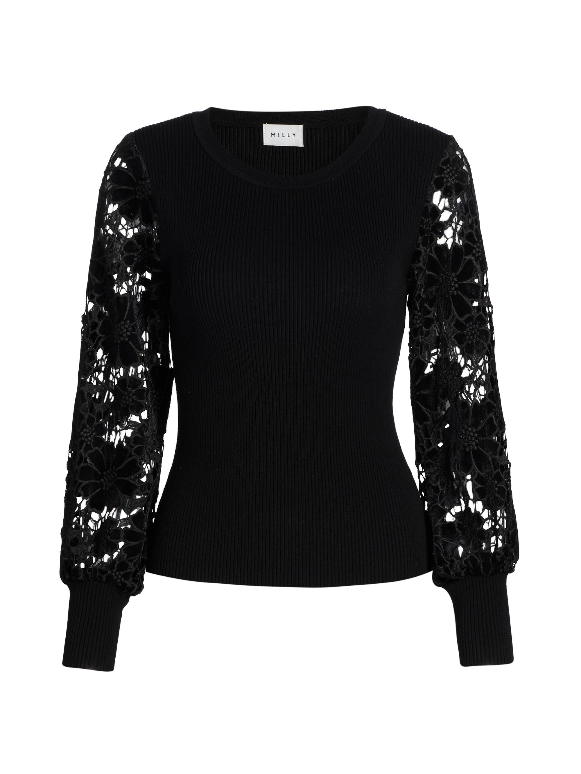 Velvet Lace-Sleeve Rib-Knit Sweater