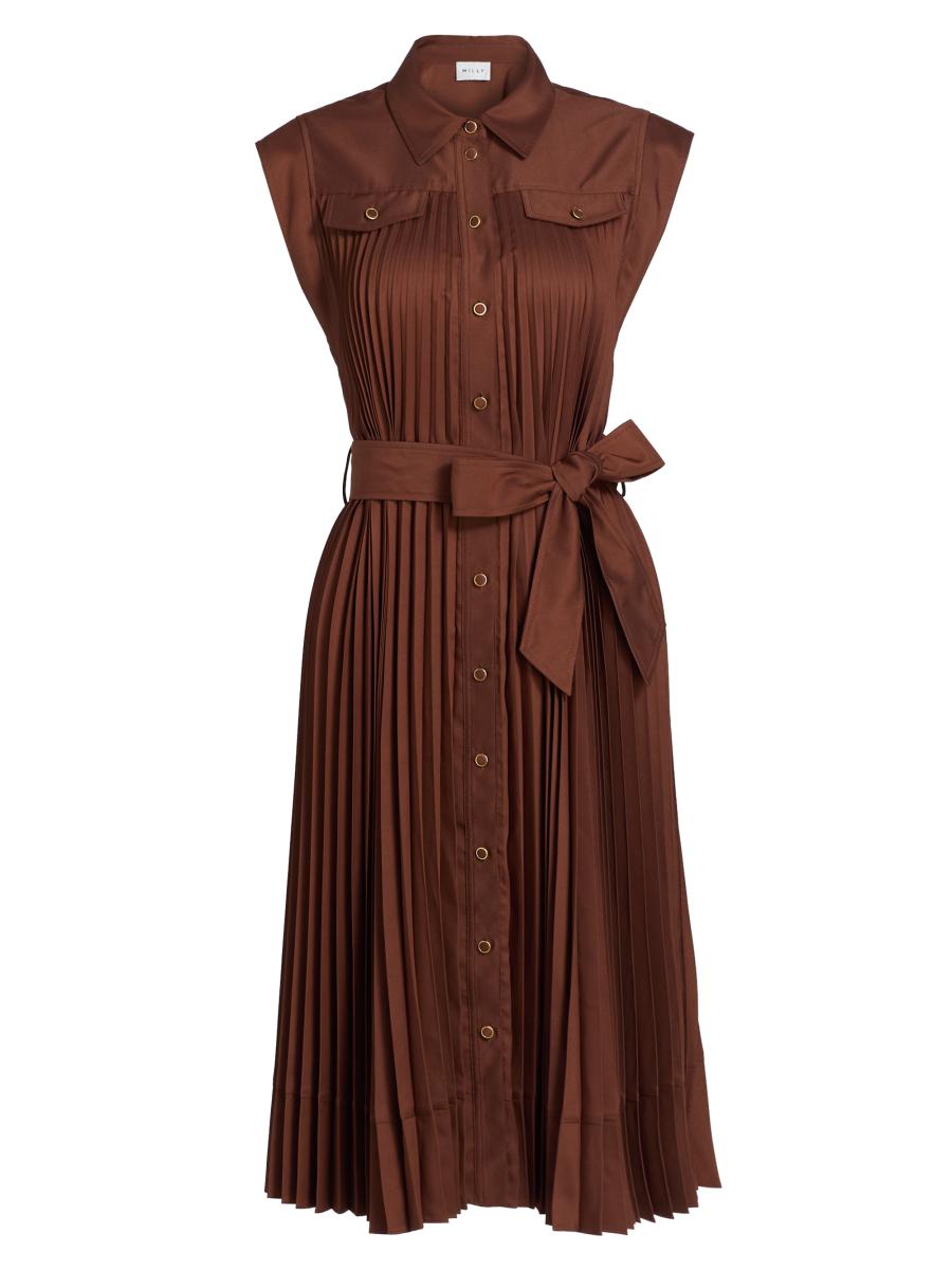 Milly Women's Johanna Pleated Twill Midi-dress In Brown