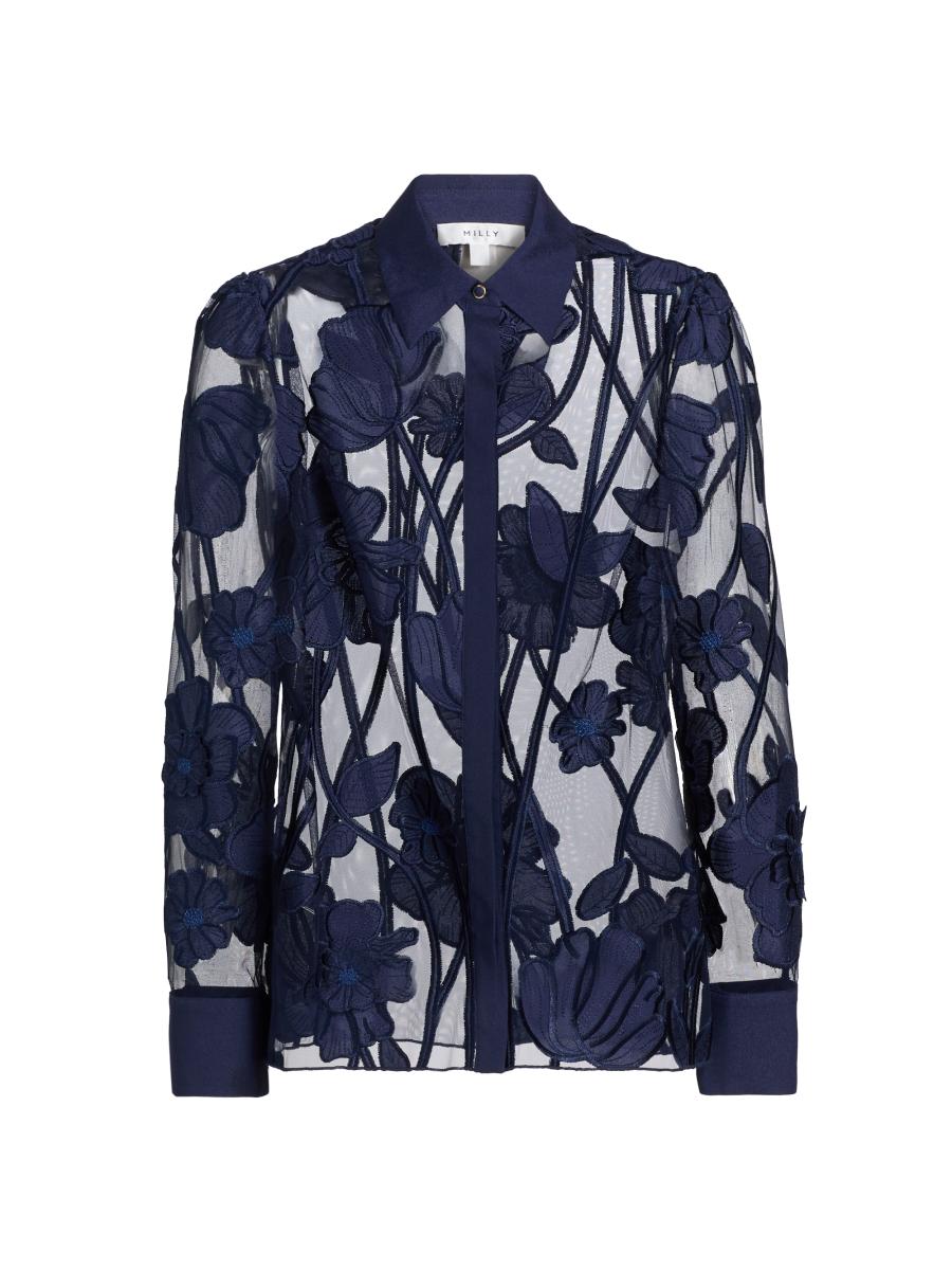 Milly Women's Ashton Grand Fleur Embroidered Sheer Blouse In Blue