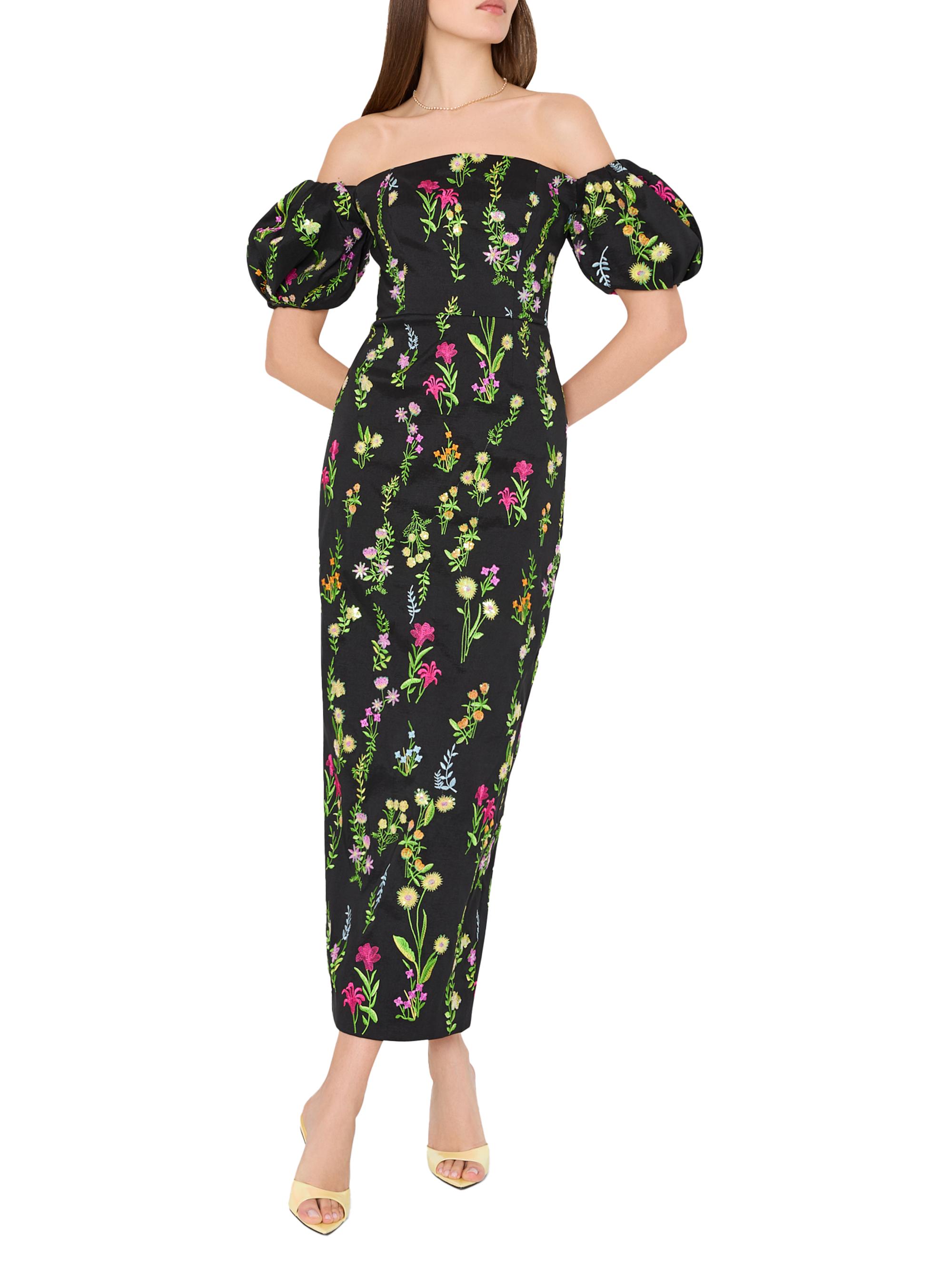 off the shoulder black dress with flowers Black and White Jersey Gown With 3D Flower Off The Shoulder Detail main image 1