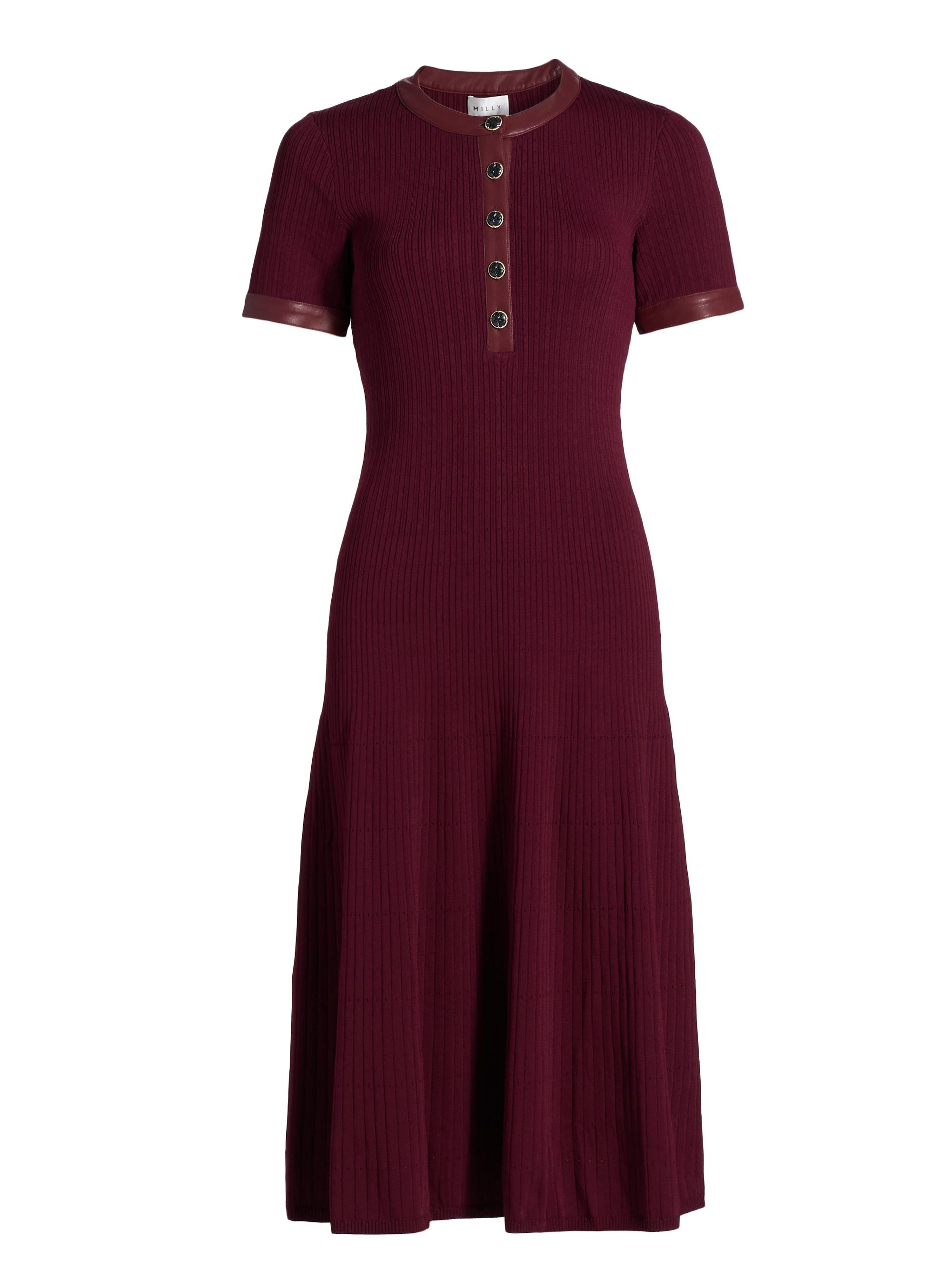 Milly Women's Faux Leather-Trimmed Henley Midi-Dress - Burgundy