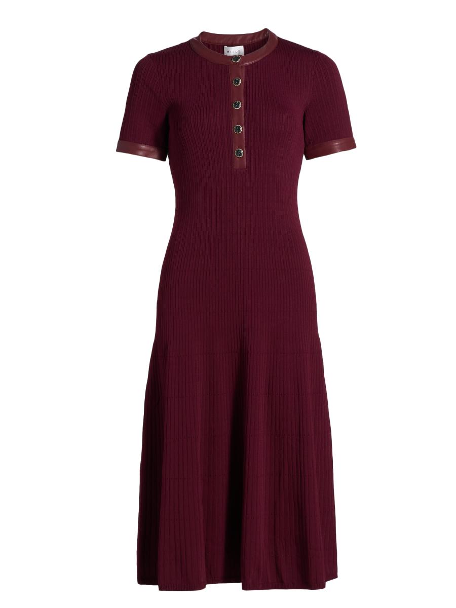Milly Women's Faux Leather-trimmed Henley Midi-dress In Burgundy