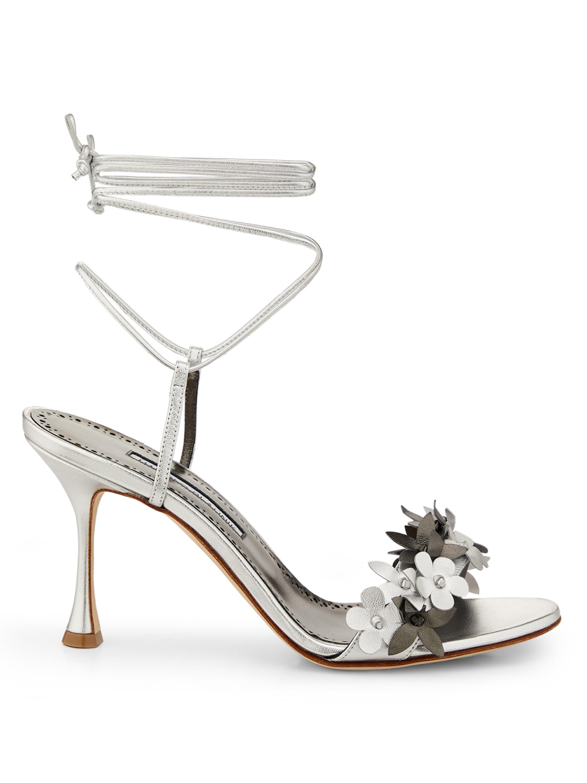 Manolo Blahnik Women's Metallic Leather Strappy Sandals - Silver