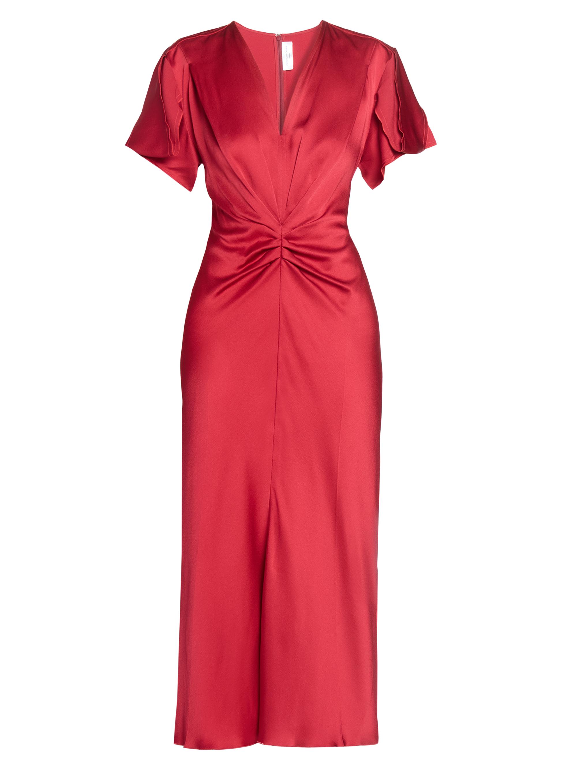 Victoria Beckham Women's Satin Gathered V-Neck Midi-Dress - Rose