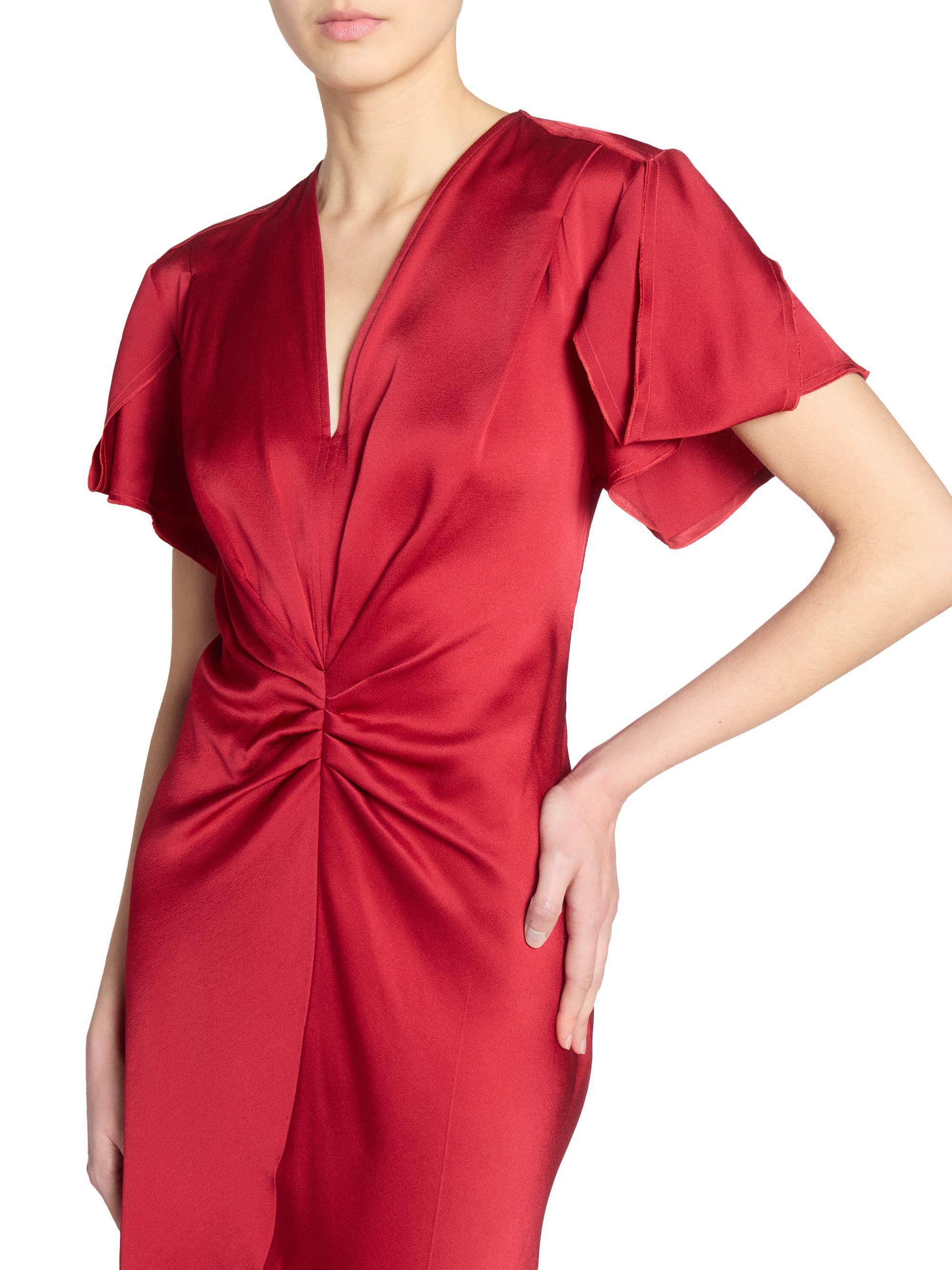 Victoria Beckham Satin Gathered V-Neck Midi-Dress | Saks Fifth Avenue