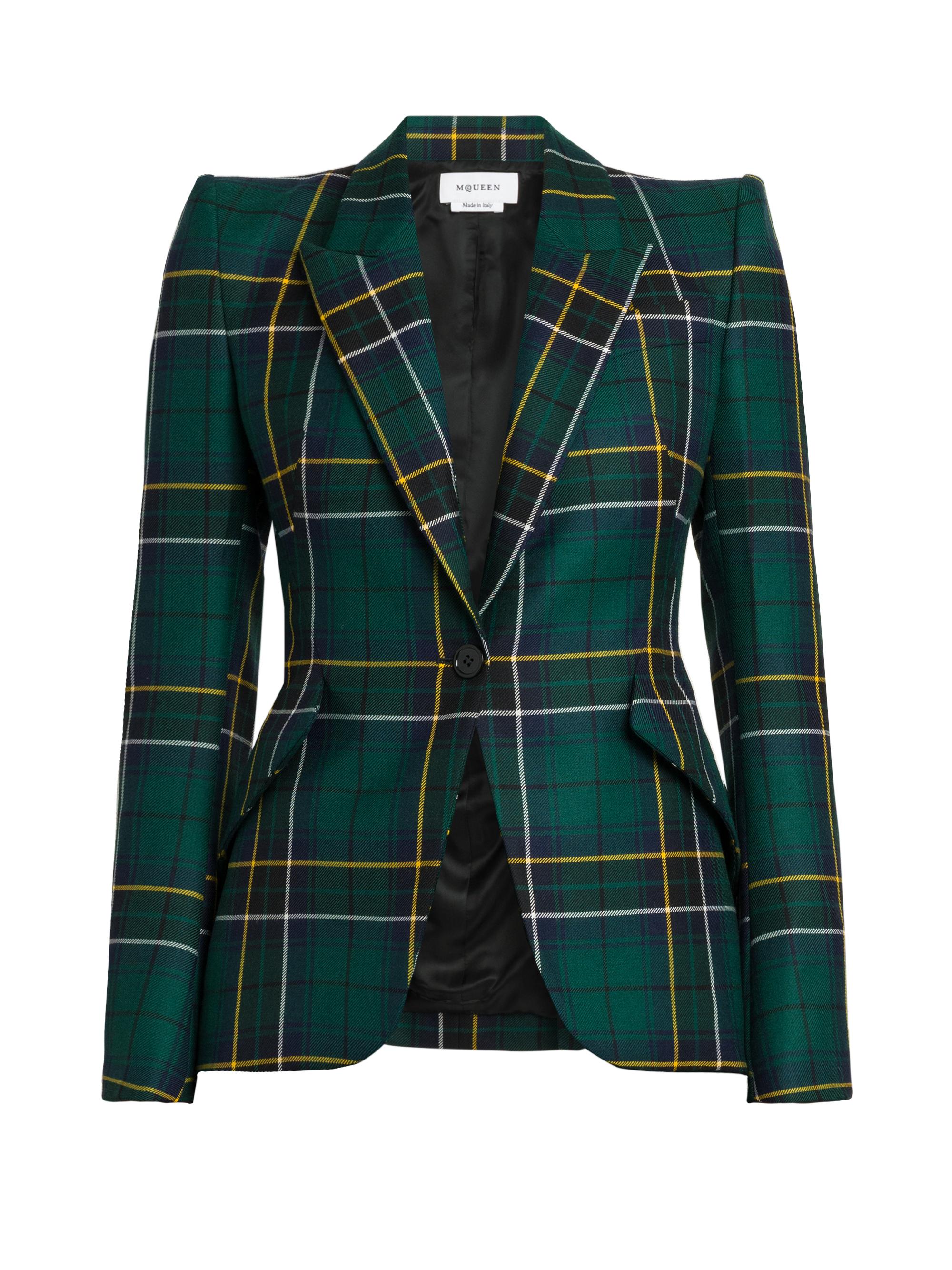 McQueen Women's Plaid Peak Label Wool Jacket - Navy Green Yellow