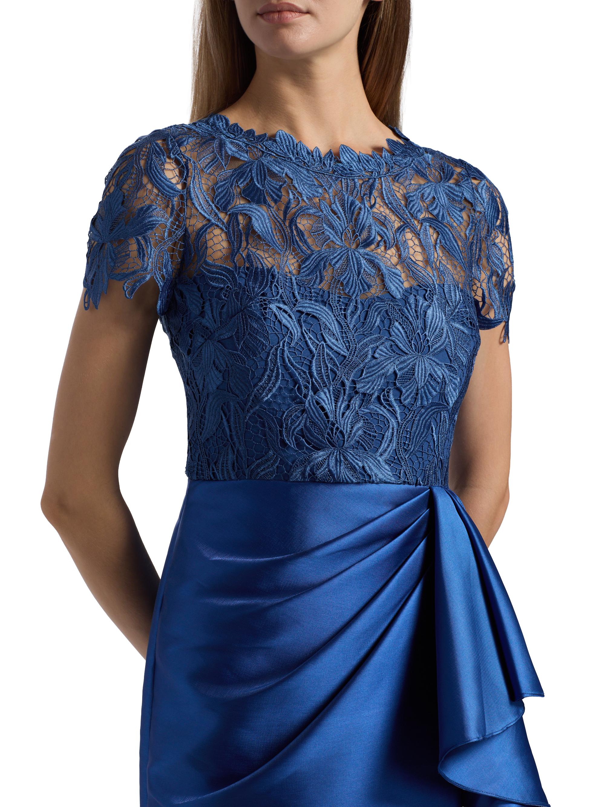Theia Women's Selena Lace Draped Column Gown - Blue Mirage - Size 0