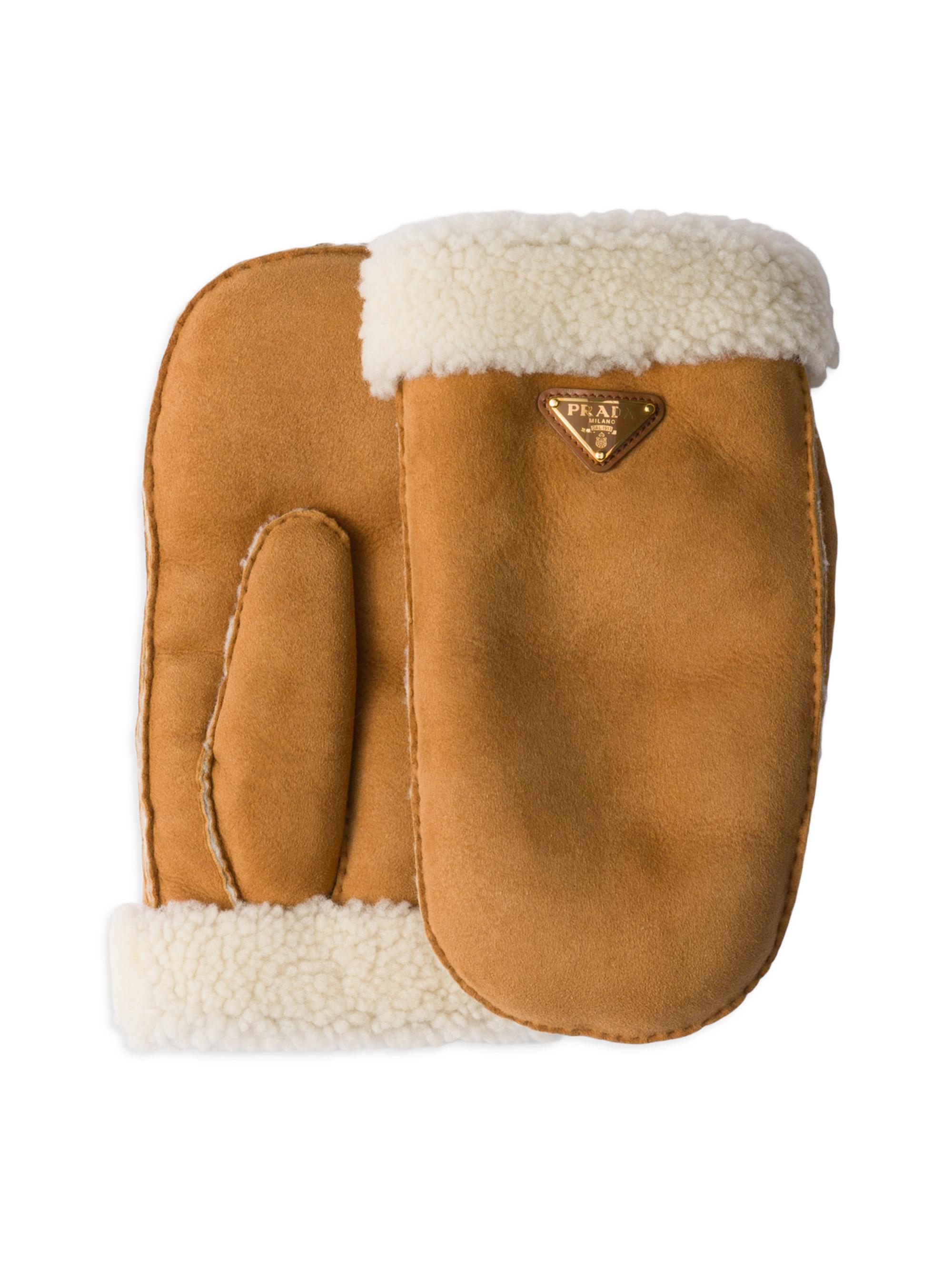 Prada Women's Suede Sheepskin Mittens - Beige