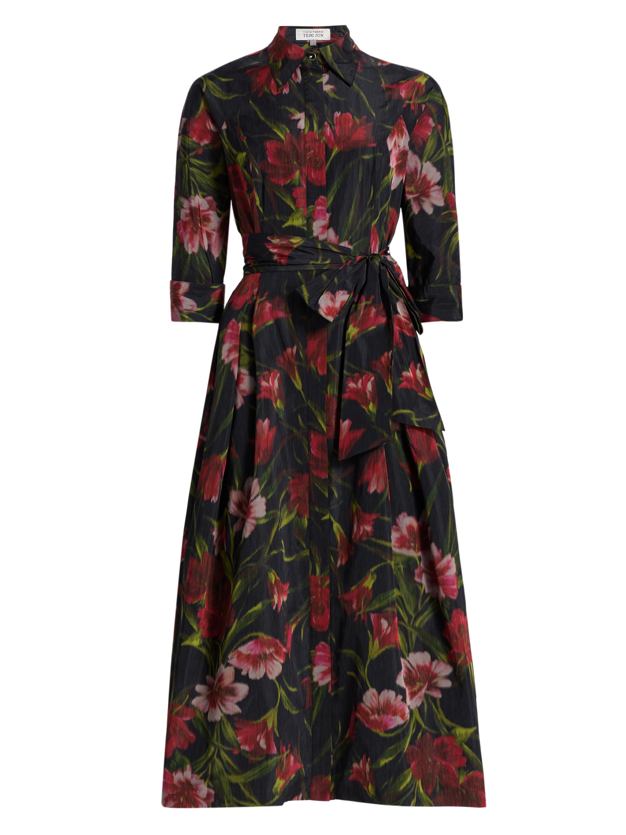 Teri Jon by Rickie Freeman Women's Floral Faille Midi-Shirtdress - Black Multi