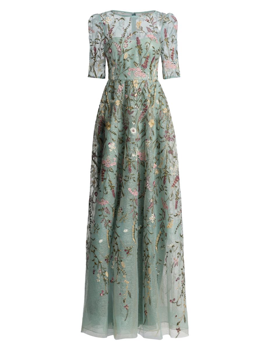 teri jon by rickie freeman floral embroidered tulle midi dress Teri Jon by Rickie Freeman Floral-Embroidered Tulle A-Line Gown