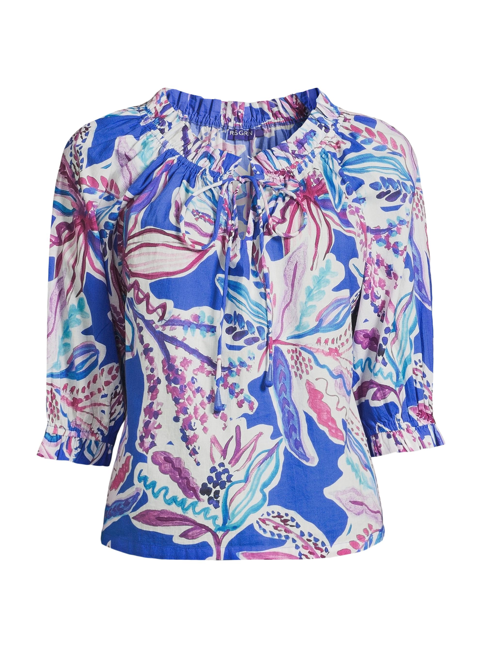 Ro's Garden Women's Havana Printed Cotton Tieneck Top - Blue Olinda