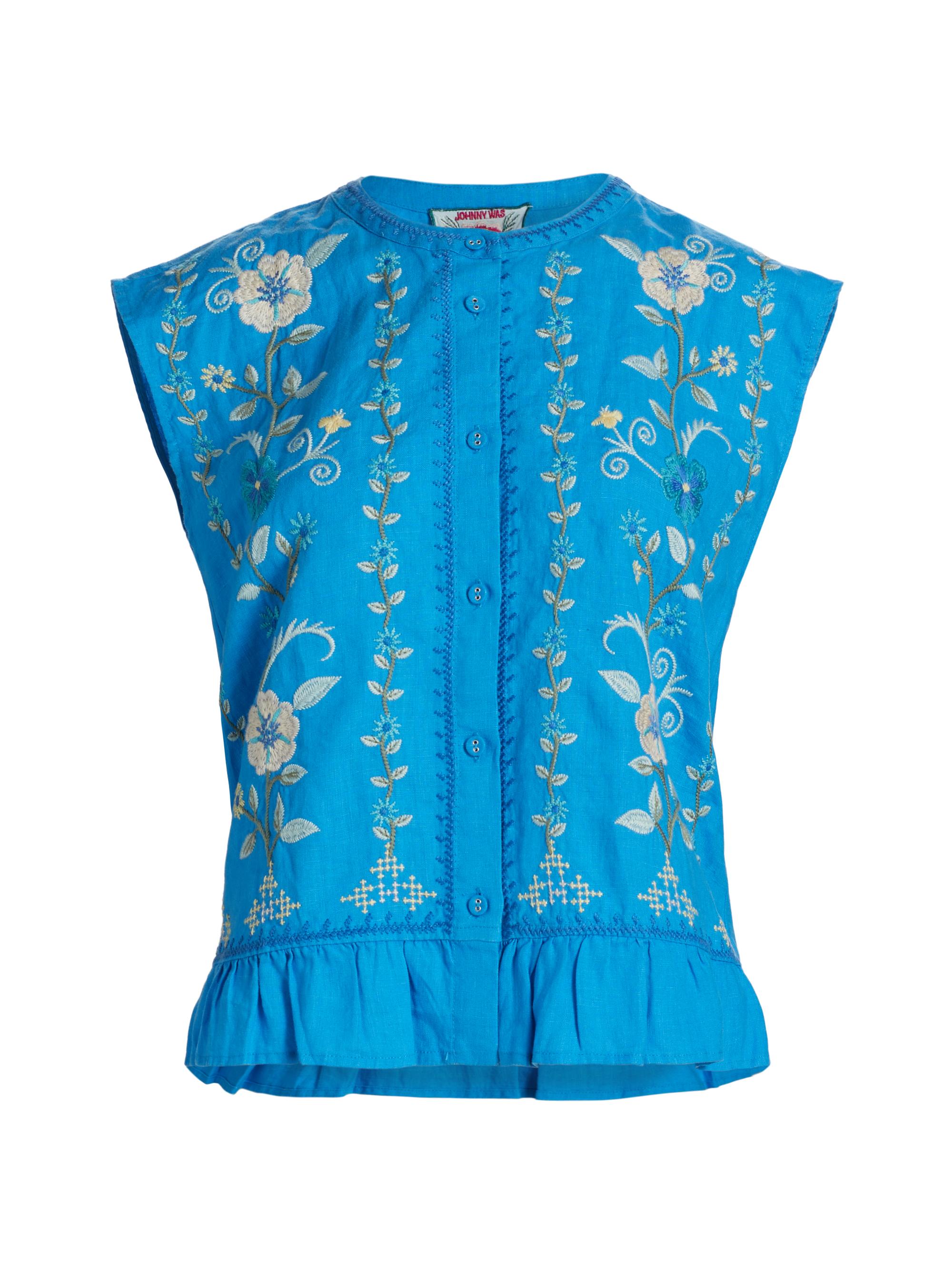 Johnny Was Women's Embroidered Peplum Sleeveless Blouse - Diva Blue